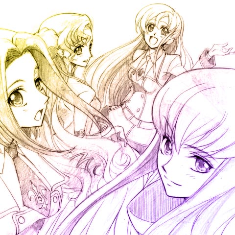 hisaki yukari, c.c., euphemia li britannia, kouzuki kallen, shirley fenette, code geass, eyebrows, lowres, 00s, 4girls, :d, bare shoulders, belt, blush, buckle, cowboy shot, dress, long hair, long sleeves, looking at viewer, looking back, multiple girls, multiple monochrome, open mouth, sidelocks, simple background, smile, surprised, upper body, very long hair, white background