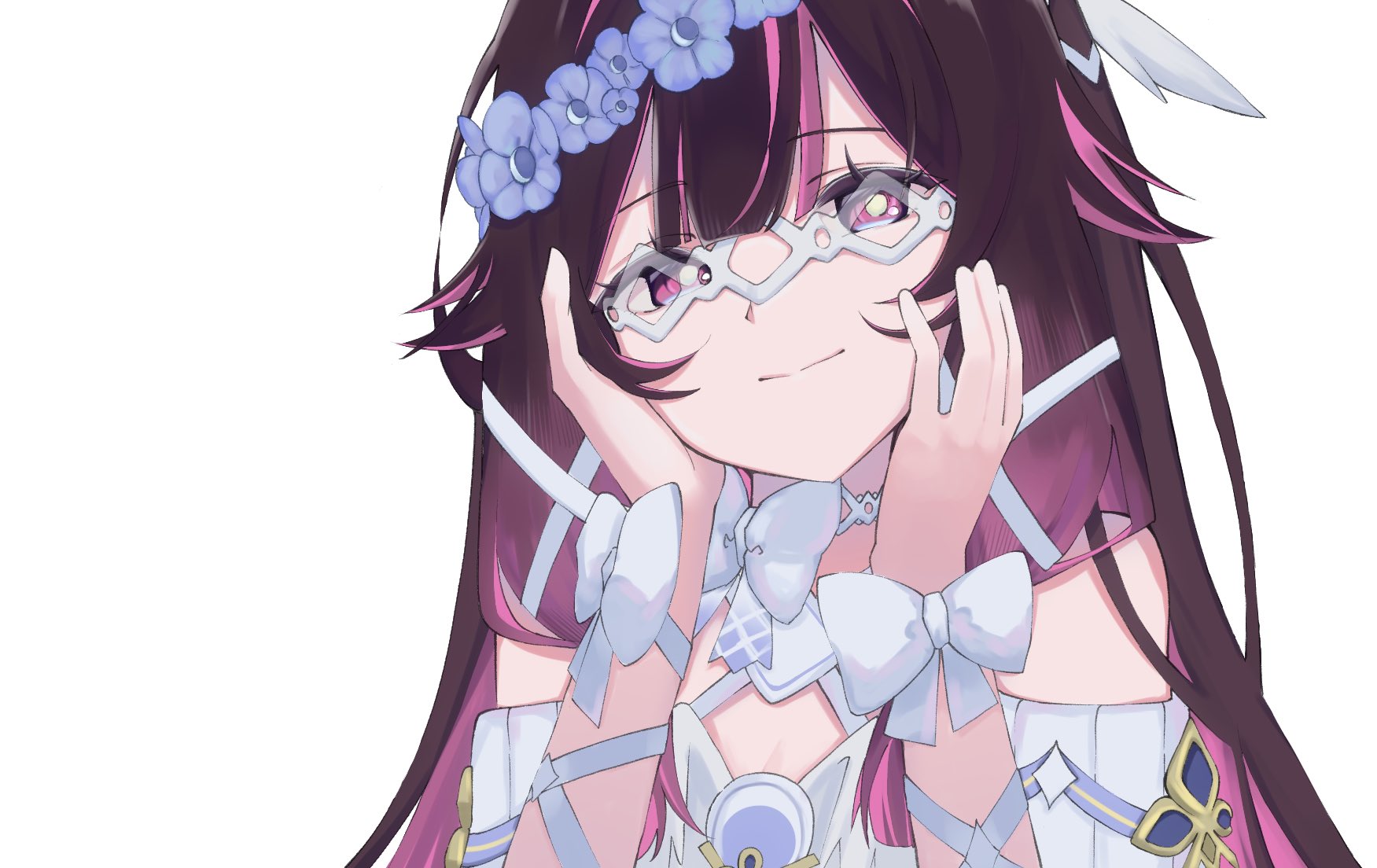 columbina (genshin impact), genshin impact, commentary request, highres, 1girl, bare shoulders, black hair, blue flower, bow, bright pupils, flower, hands up, head wreath, long hair, looking at viewer, multicolored hair, pink eyes, pink hair, ritu (xxoxx 01a), smile, solo, streaked hair, upper body, white bow, white pupils