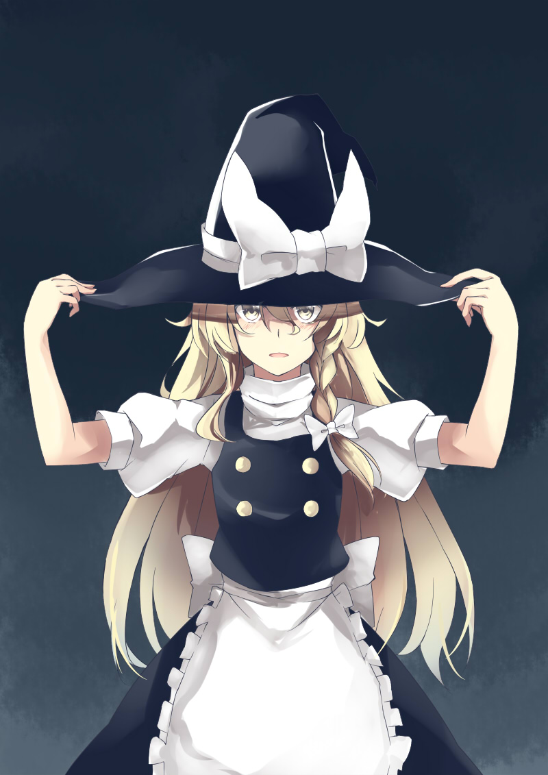 deetamu, kirisame marisa, touhou, commentary request, partial commentary, 1girl, adjusting clothes, adjusting headwear, apron, black background, black skirt, blonde hair, bow, braided sidelock, buttons, double-breasted, frilled apron, frills, hair between eyes, hair bow, hat, hat bow, long hair, looking at viewer, parted lips, puffy short sleeves, puffy sleeves, short sleeves, skirt, skirt set, solo, white apron, white bow