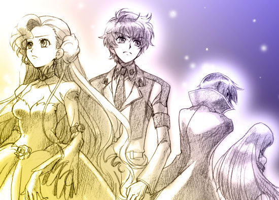 hisaki yukari, c.c., euphemia li britannia, kururugi suzaku, lelouch vi britannia, code geass, looking away, 00s, 2boys, 2girls, back, cape, donut hair bun, dress, flower, hair bun, long hair, looking back, looking up, multiple boys, multiple girls, multiple monochrome, necktie, rose, very long hair, wide sleeves