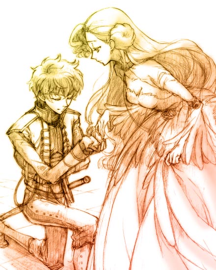 hisaki yukari, euphemia li britannia, kururugi suzaku, code geass, 00s, 1boy, 1girl, choker, closed eyes, collarbone, donut hair bun, dress, epaulettes, flower, formal clothes, hair bun, jacket, long hair, military, military uniform, monochrome, on one knee, rose, short hair, sword, weapon