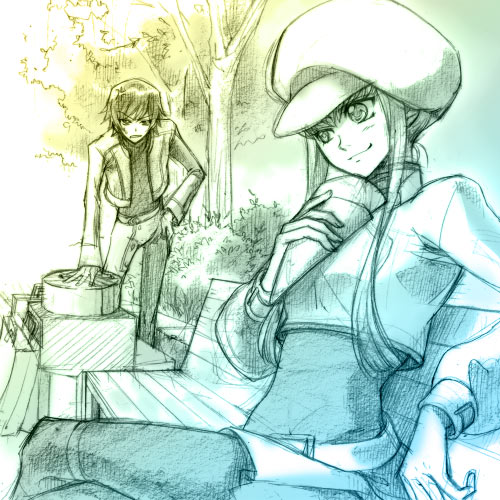 hisaki yukari, c.c., lelouch vi britannia, code geass, lowres, 00s, 1boy, 1girl, belt, bench, buckle, closed mouth, day, food, holding, ice cream, long sleeves, looking to the side, outdoors, pantyhose, park, park bench, path, plant, road, shaded face, simple background, smile, standing, tree