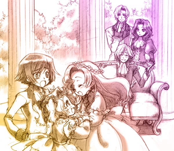 hisaki yukari, clovis la britannia, cornelia li britannia, euphemia li britannia, lelouch vi britannia, nunnally vi britannia, schneizel el britannia, code geass, 00s, 3boys, 3girls, column, couch, family, formal clothes, multiple boys, multiple girls, pillar, siblings