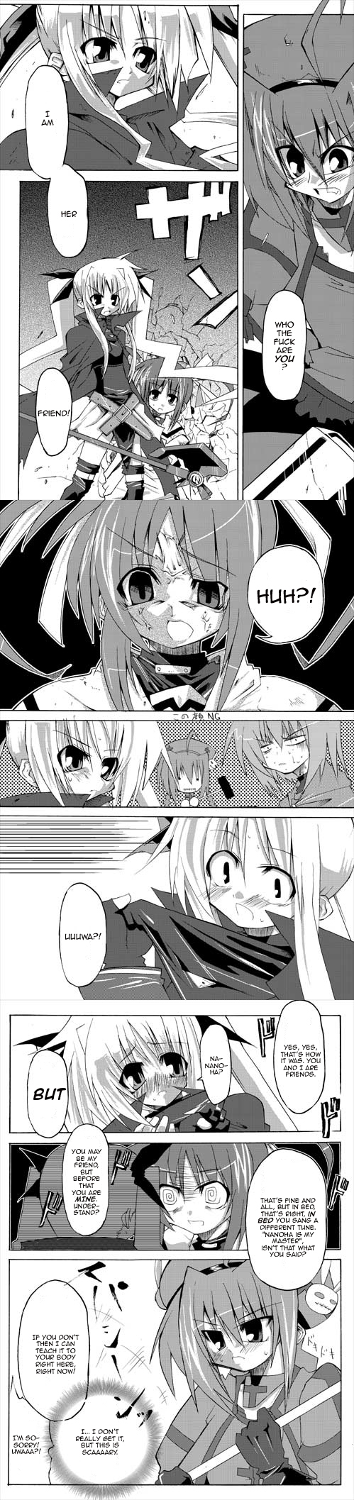 bardiche (nanoha), fate testarossa, graf eisen, takamachi nanoha, vita (nanoha), lyrical nanoha, mahou shoujo lyrical nanoha, hard-translated, highres, long image, tall image, third-party edit, translated, 00s, 1boy, 3girls, comic, greyscale, monochrome, multiple girls, thighhighs, what