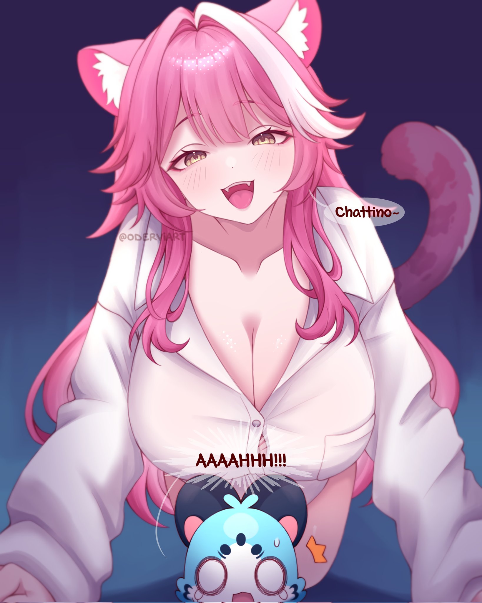 chattino (raora panthera), raora panthera, hololive, hololive english, highres, 0 0, 1girl, :d, all fours, animal ear fluff, animal ears, breasts, cleavage, collarbone, collared shirt, english text, eyeshadow, fangs, hair intakes, large breasts, long hair, makeup, multicolored hair, oderviart, open mouth, panther ears, panther girl, panther tail, pink eyeshadow, pink hair, shirt, smile, solo, speech bubble, streaked hair, sweatdrop, tail, trembling, twitter username, virtual youtuber, white eyes, white shirt, yellow eyes