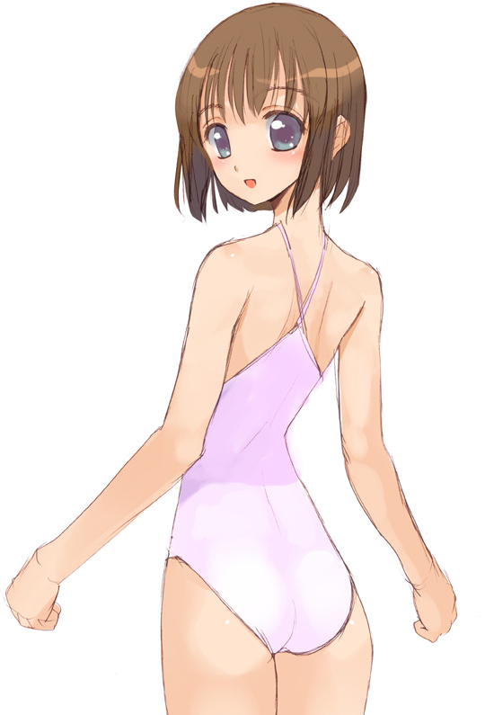 kusaka souji, original, 1girl, ass, back, blue eyes, brown hair, casual one-piece swimsuit, female focus, from behind, looking back, one-piece swimsuit, short hair, simple background, sketch, smile, solo, swimsuit, white one-piece swimsuit
