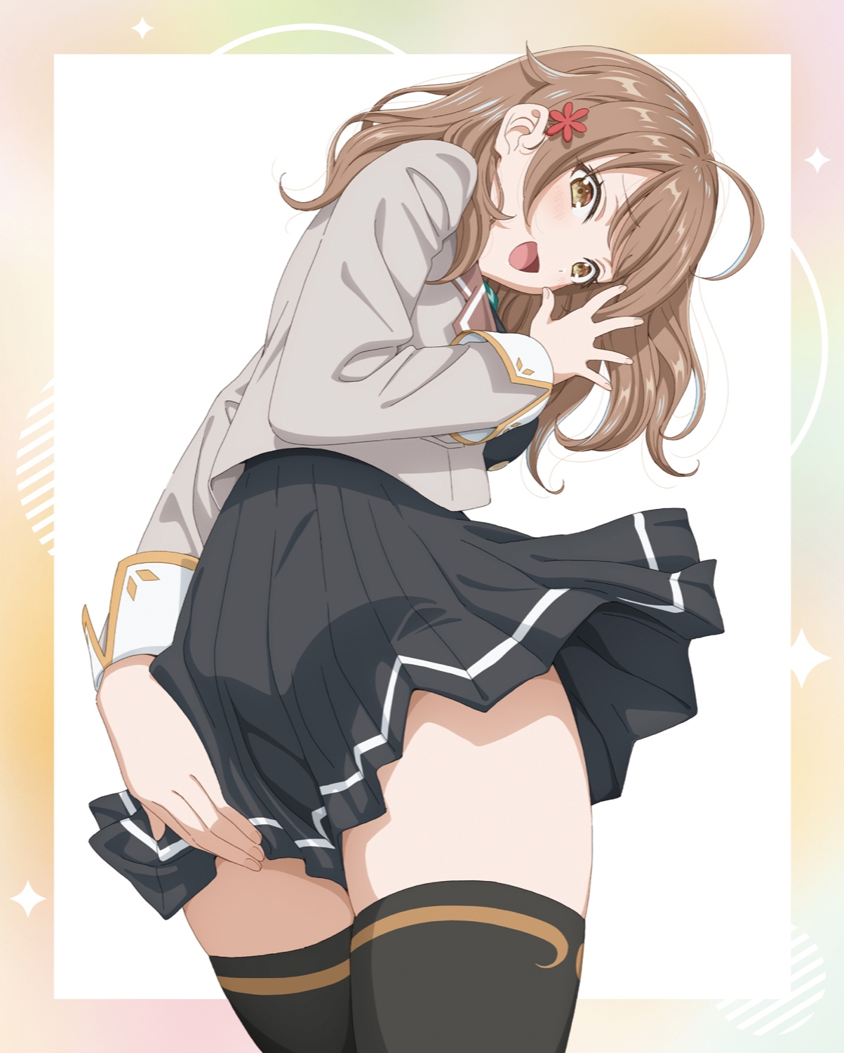 momoko (momopoco), mariya mikhailovna kujou, tokidoki bosotto roshia-go de dereru tonari no alya-san, highres, official art, 1girl, ahoge, ass, ass focus, black skirt, black socks, black thighhighs, black vest, blazer, blush, bowtie, breasts, brown eyes, brown hair, brown jacket, clothes grab, dot nose, female focus, flower, flower on head, from behind, grabbing own ass, green bow, green bowtie, hair flower, hair ornament, jacket, large breasts, legs, long hair, long sleeves, looking at viewer, looking back, miniskirt, open mouth, pleated skirt, red flower, school uniform, seiren academy school uniform, skirt, skirt grab, smile, socks, solo, solo focus, thighhighs, thighs, thighs focus, vest, zettai ryouiki