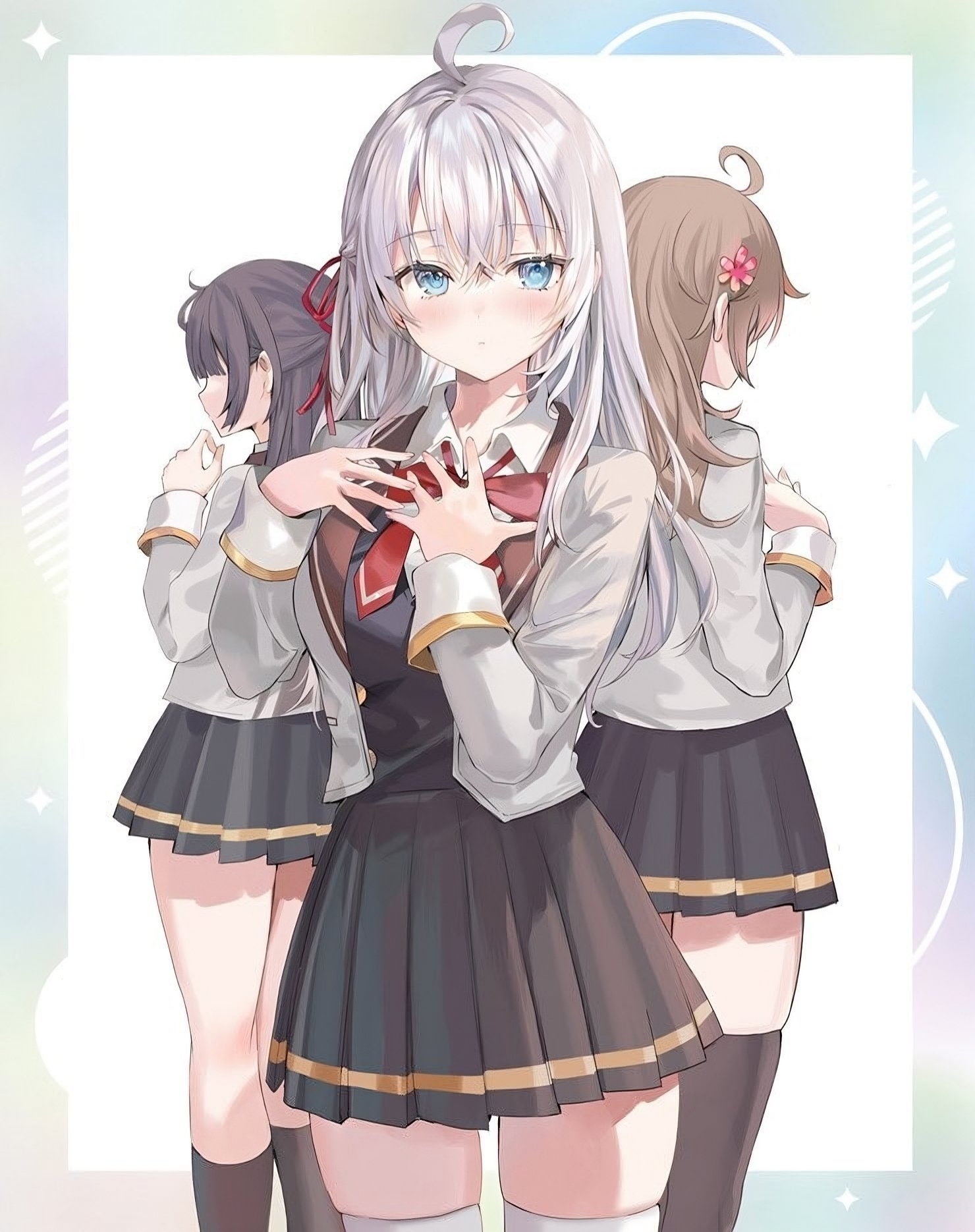 momoko (momopoco), alisa mikhailovna kujou, mariya mikhailovna kujou, suou yuki, tokidoki bosotto roshia-go de dereru tonari no alya-san, highres, official art, 3girls, ahoge, black hair, black skirt, black socks, black thighhighs, black vest, blazer, blue eyes, blush, bowtie, breasts, brown jacket, closed mouth, collared shirt, dot nose, female focus, fingers touching, from behind, grey hair, hair ornament, hair ribbon, hand on own chest, jacket, large breasts, long hair, long sleeves, looking at viewer, miniskirt, multiple girls, pleated skirt, red bow, red bowtie, red ribbon, ribbon, school uniform, seiren academy school uniform, shirt, shirt under vest, siblings, sisters, skirt, socks, thighhighs, vest, white shirt, white thighhighs, zettai ryouiki
