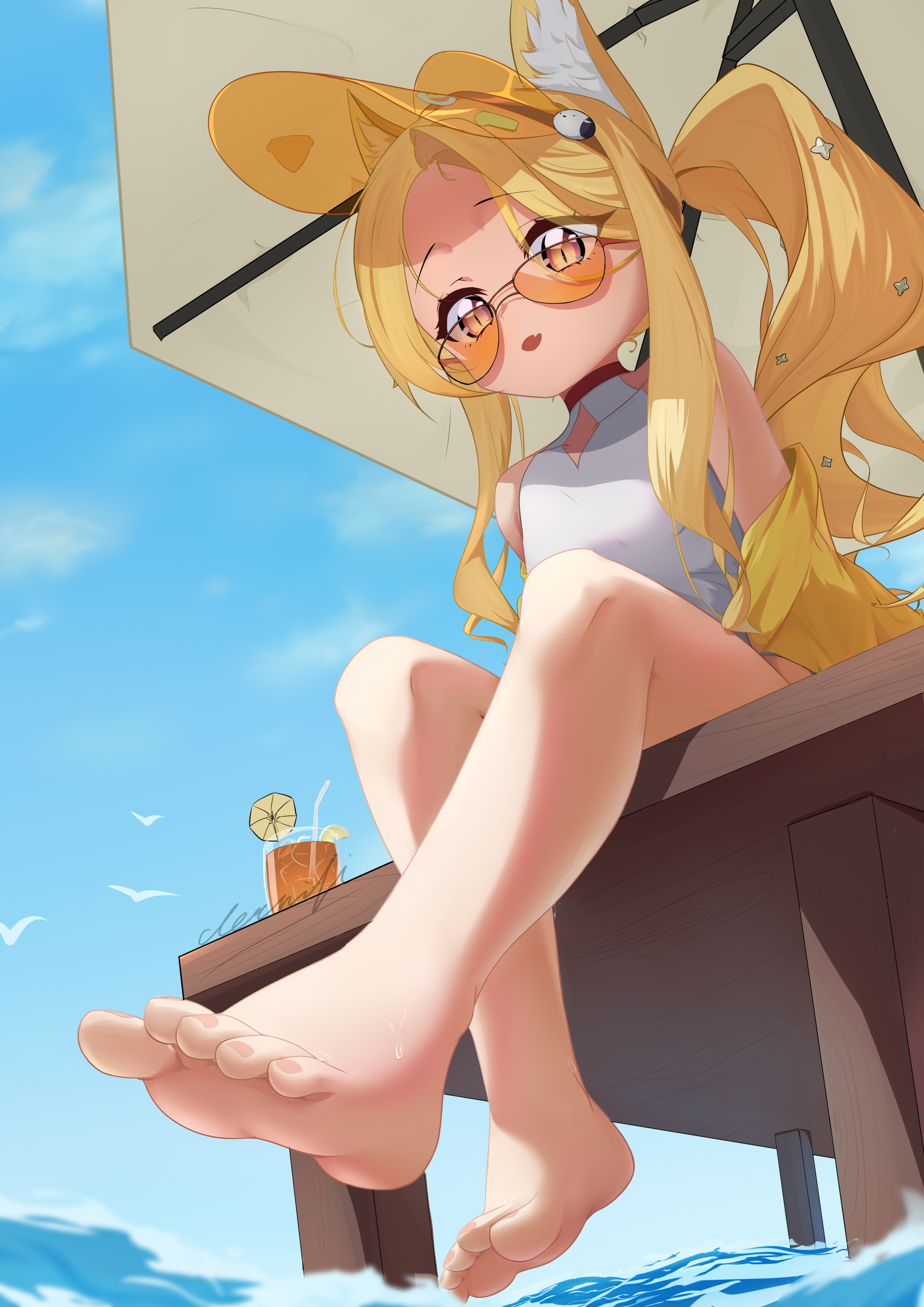 derwifi, seia (blue archive), seia (swimsuit) (blue archive), blue archive, absurdres, highres, 1girl, animal ears, barefoot, beach, blonde hair, feet, long hair, looking at viewer, open mouth, parasol, pink eyes, side ponytail, soles, tinted eyewear, toes, umbrella, visor cap