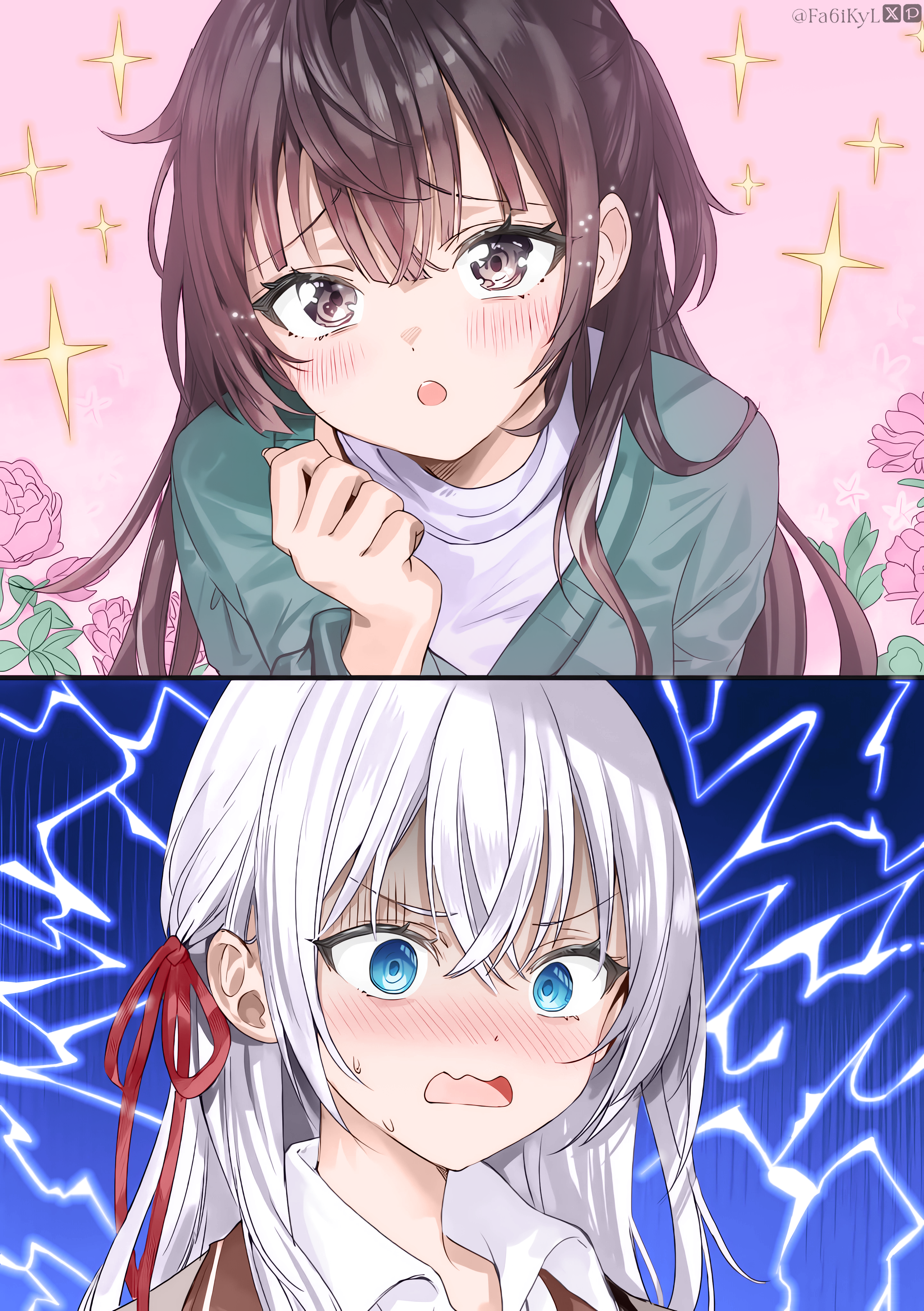 momoko (momopoco), alisa mikhailovna kujou, suou yuki, tokidoki bosotto roshia-go de dereru tonari no alya-san, absurdres, colorized, highres, novel illustration, official art, 2girls, black eyes, black hair, blazer, blue background, blue eyes, blush, brown jacket, collared shirt, dot nose, female focus, flower, green sweater, grey hair, hair ribbon, jacket, lightning, long hair, long sleeves, looking at viewer, multiple girls, open mouth, pink background, red ribbon, ribbon, rose, school uniform, seiren academy school uniform, shirt, sparkle background, sweat, sweater, white shirt, worried