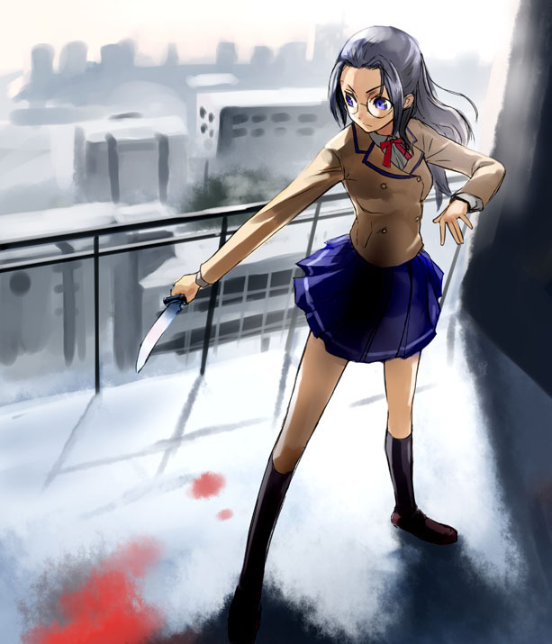 adachi yousuke, 1girl, female focus, glasses, knife, school uniform, serafuku, solo