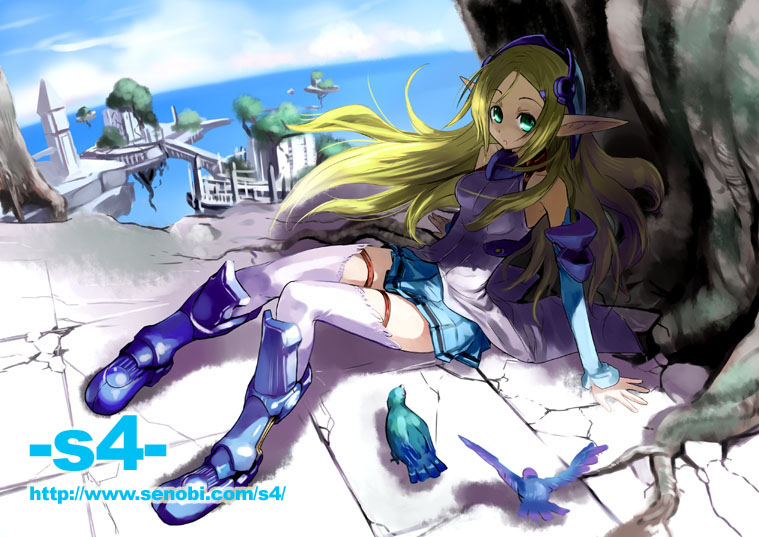 adachi yousuke, 1girl, bird, elf, female focus, pointy ears, sitting, solo, thighhighs