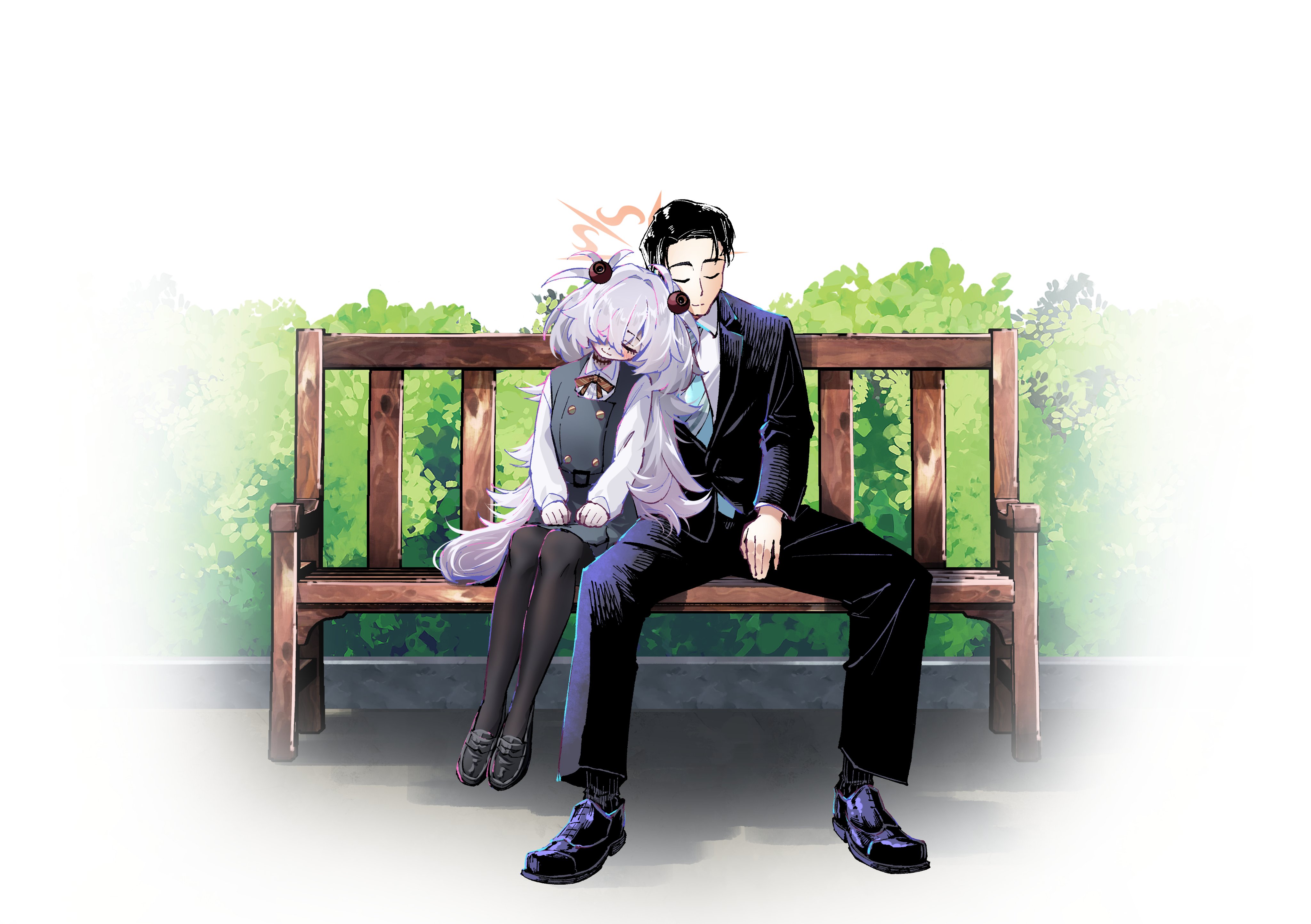 kanoe (blue archive), sensei (blue archive), blue archive, absurdres, highres, 1boy, 1girl, aqua necktie, bench, black hair, black pants, black pantyhose, black shoes, black suit, blush, bush, collared shirt, day, dress, formal clothes, grey dress, grey hair, halo, hetero, long hair, nakamobu, necktie, outdoors, pants, pantyhose, pinafore dress, shirt, shoes, short hair, sitting, sleeping, sleeping on person, sleeveless, sleeveless dress, suit, very long hair, white shirt, wooden bench