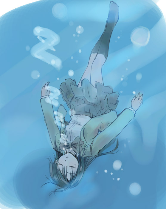 ikeda jun (mizutamari), original, blazer, blue theme, bubble, closed eyes, jacket, monochrome, school uniform, solo, underwater, wet, wet clothes, zzz