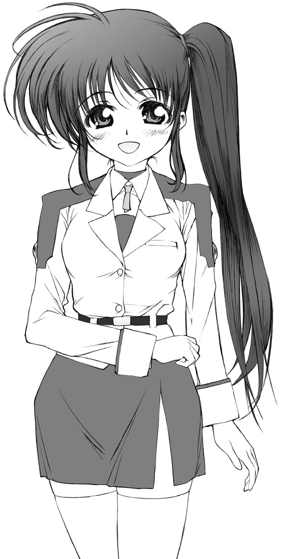 yamaguchi homupe, takamachi nanoha, lyrical nanoha, mahou shoujo lyrical nanoha, mahou shoujo lyrical nanoha strikers, 00s, 1girl, female focus, greyscale, military, military uniform, monochrome, side ponytail, solo, thighhighs