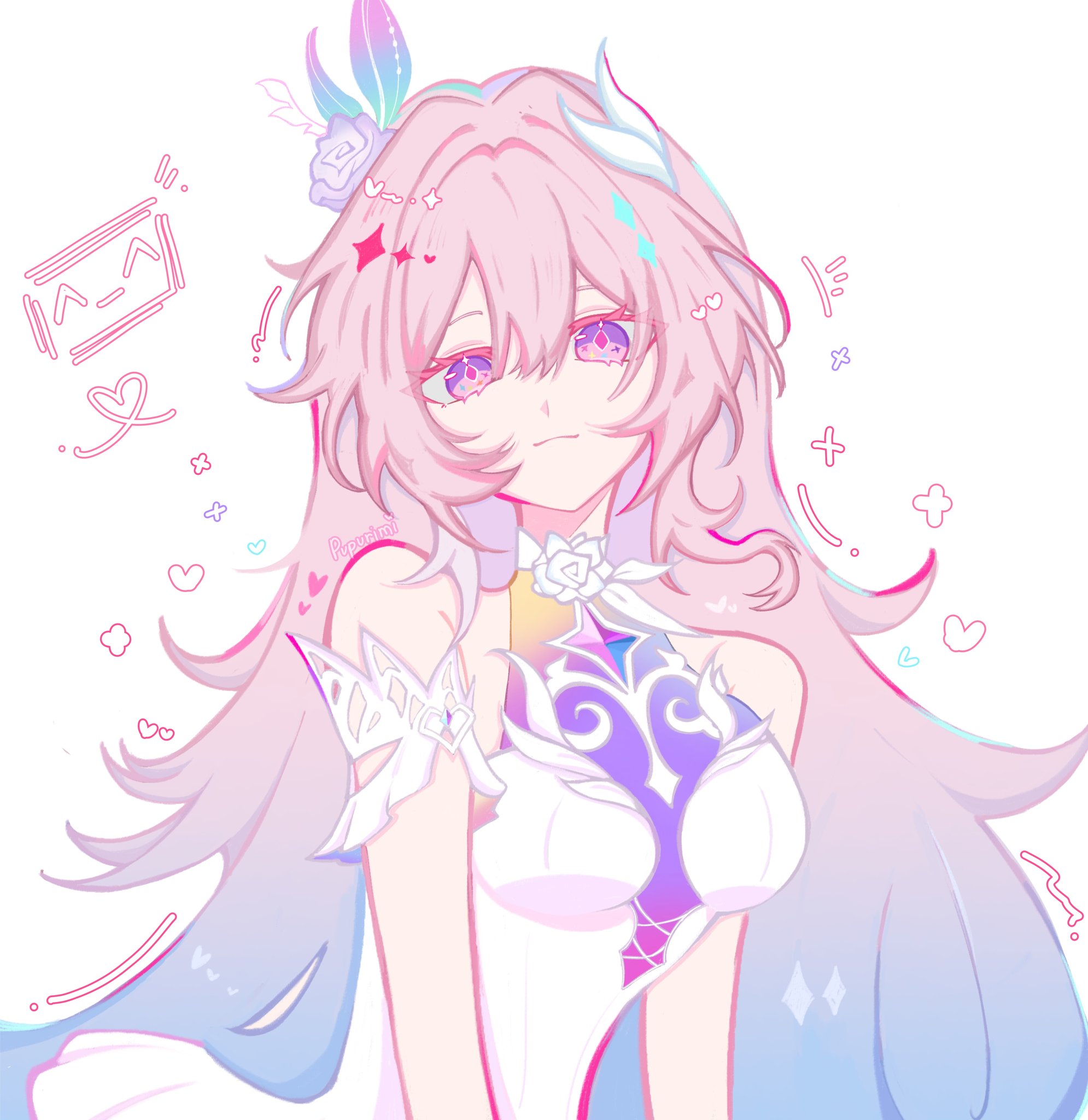 cyrene (honkai: star rail), cyrene (ripples of past reverie) (honkai: star rail), honkai: star rail, honkai (series), commentary, english commentary, highres, 1girl, bare shoulders, blue hair, breasts, detached sleeves, diamond-shaped pupils, diamond (shape), dress, flower, hair flower, hair ornament, large breasts, long hair, looking at viewer, multicolored hair, pink hair, pupurimi, purple eyes, simple background, smile, solo, symbol-shaped pupils, two-tone hair, very long hair, white background, white dress