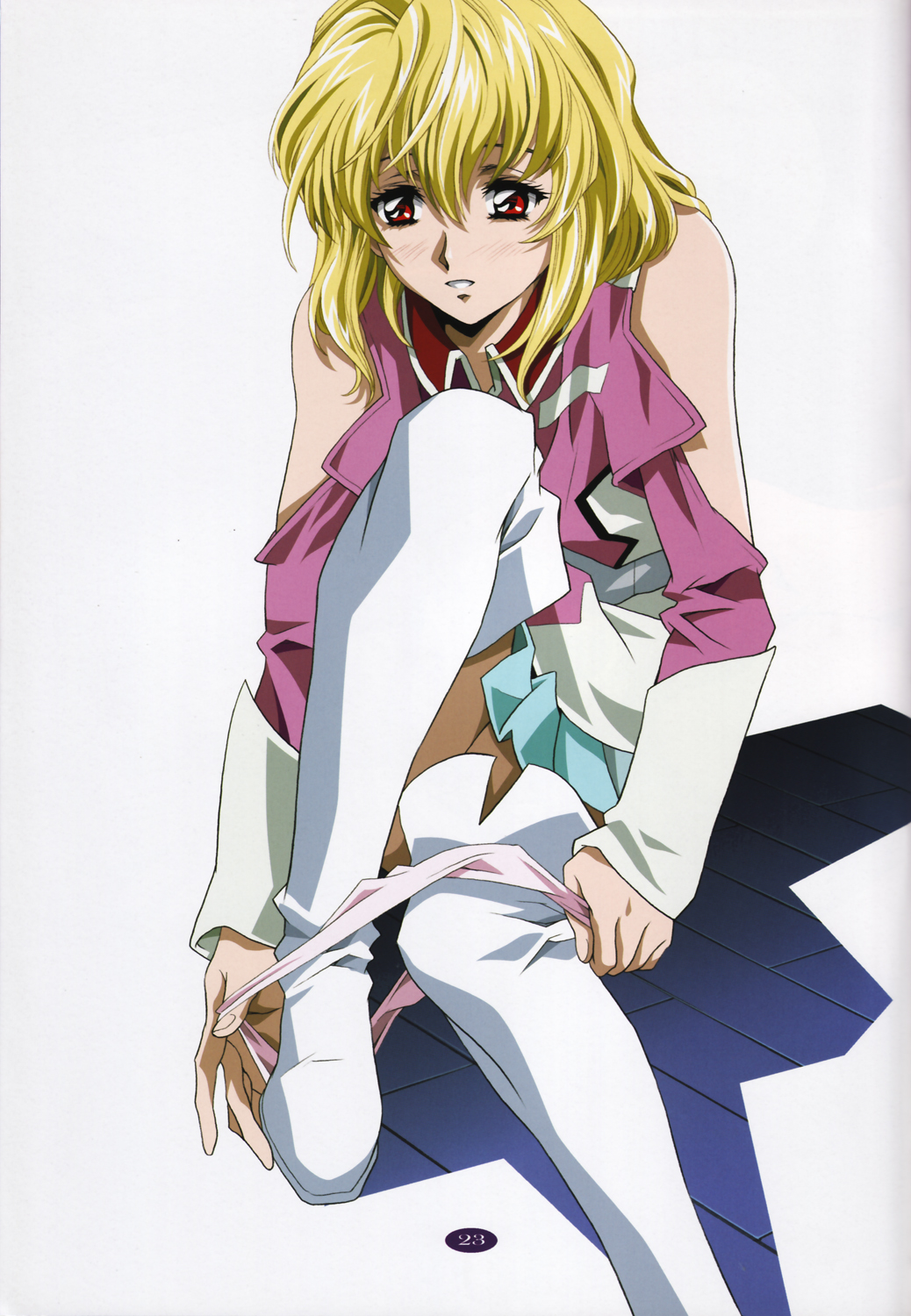 kawarajima kou, stellar loussier, gundam, gundam seed, gundam seed destiny, highres, scan, 00s, 1girl, blonde hair, boots, female focus, military, military uniform, panties, panty pull, red eyes, short hair, solo, thigh boots, thighhighs, underwear, white boots