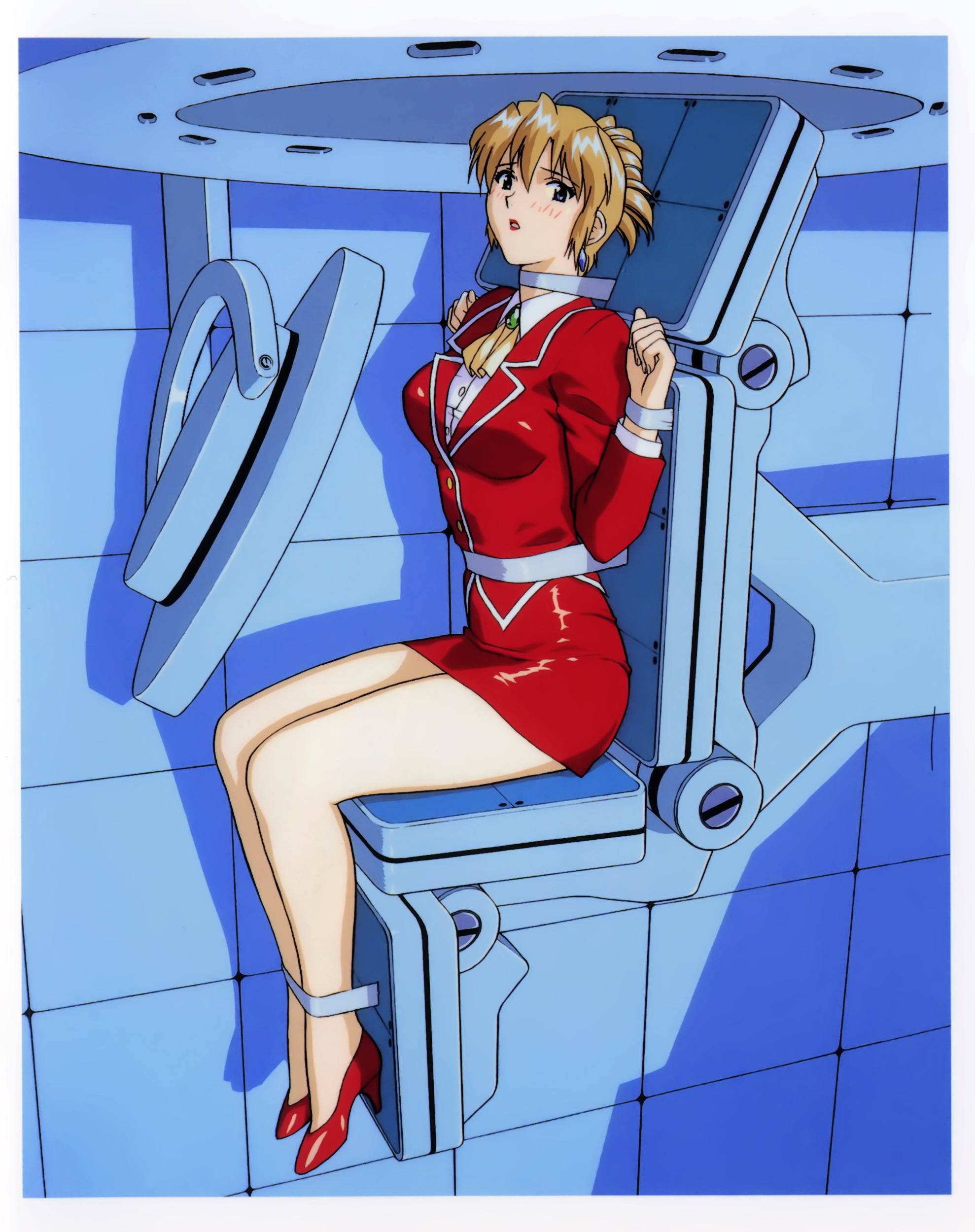 yamauchi noriyasu, sumeragi aika, agent aika, aika (series), absurdres, highres, official art, scan, 1990s (style), 1girl, arms up, ascot, bdsm, blue eyes, blush, bondage, bound, bound legs, bound torso, bound wrists, breasts, brooch, brown hair, collared shirt, earrings, female focus, folded ponytail, full body, hair between eyes, high heels, imminent rape, indoors, jacket, jewelry, legs, lipstick, long legs, machine, makeup, medium breasts, open mouth, pencil skirt, ponytail, raised eyebrows, red jacket, red lips, red shoes, red skirt, retro artstyle, shadow, shiny clothes, shiny footwear, shirt, shoes, sitting, skirt, solo, thighs, white shirt, yellow ascot, you gonna get raped