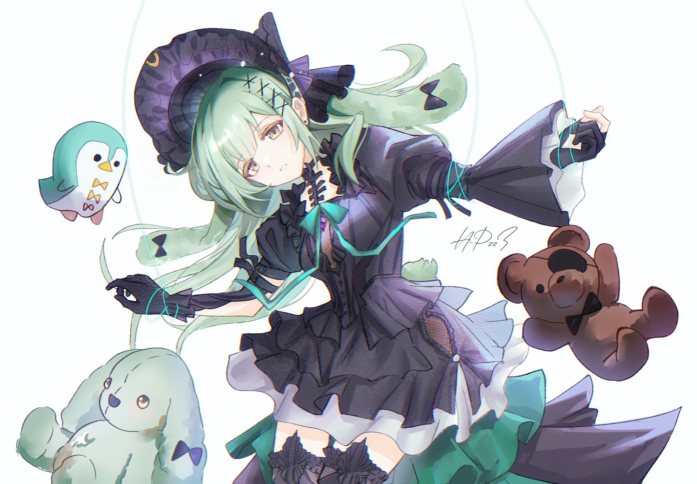 wakaba mutsumi, wakaba mutsumi (marionette's id), arknights, bang dream!, bang dream! it's mygo!!!!!, chinese commentary, commentary request, highres, 1girl, animal ears, black bonnet, black bow, black dress, black gloves, black thighhighs, bonnet, bow, cowboy shot, dress, eyepatch, floppy ears, frilled dress, frilled sleeves, frills, gloves, gothic lolita, green hair, hair ornament, hands up, liu xin yuan shi chong, lolita fashion, long hair, long sleeves, looking at viewer, puppet strings, rabbit ears, rabbit girl, sidelocks, simple background, solo, standing, stuffed animal, stuffed penguin, stuffed toy, teddy bear, thighhighs, white background, x hair ornament, yellow eyes