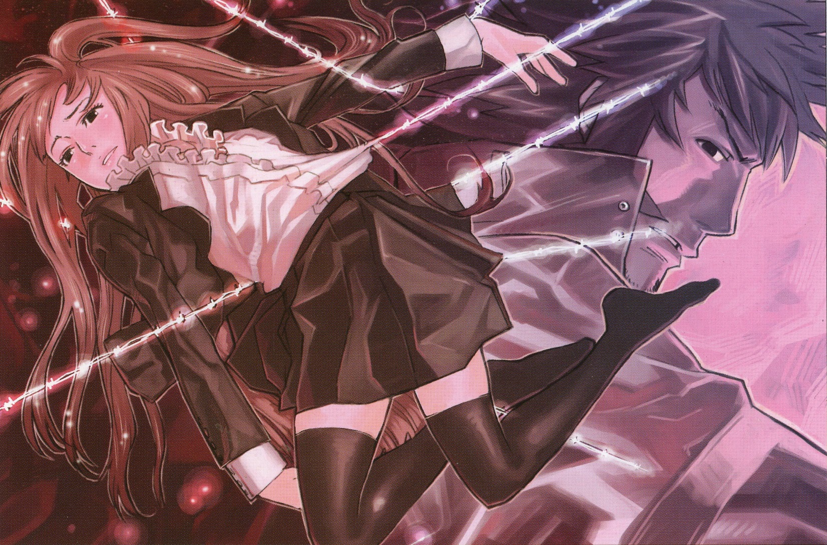 kozaki yuusuke, saiga tatsumi, tennouzu kagura, speed grapher, highres, scan, 00s, 1boy, 1girl, long hair, thighhighs, zettai ryouiki