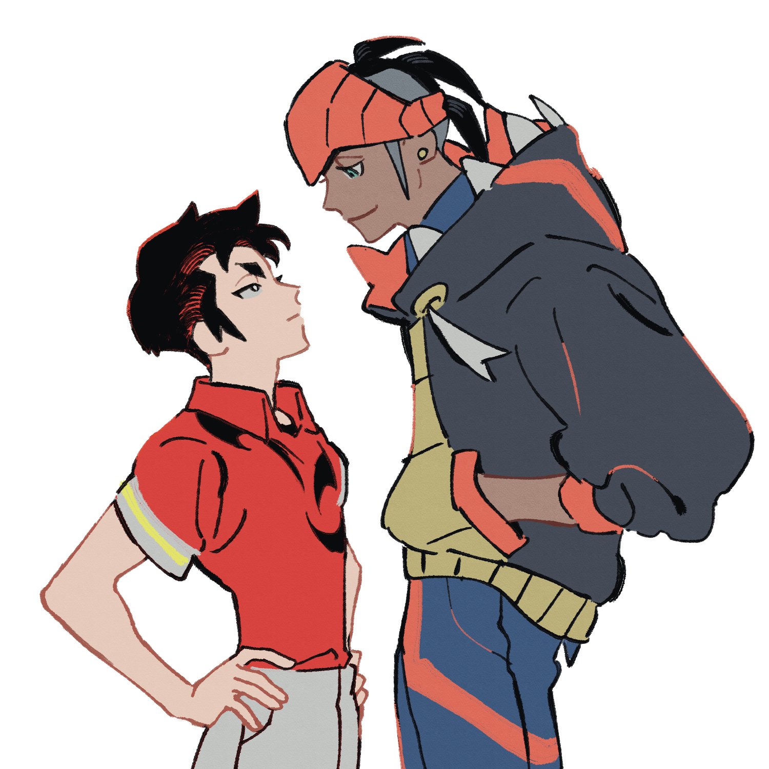 kabu (pokemon), raihan (pokemon), nintendo, pokemon, pokemon swsh, commentary, highres, 2boys, aged down, aqua eyes, black hair, closed mouth, collared shirt, cowboy shot, dark-skinned male, dark skin, drawstring, earrings, eye contact, grey hair, haaa om007ls, hands in pockets, hands on own hips, headband, hood, hoodie, jewelry, long sleeves, looking at another, looking down, looking up, male focus, mohawk, multicolored hair, multiple boys, orange headband, piercing, profile, red shirt, shirt, short sleeves, shorts, smile, standing, stud earrings, two-tone hair, white shorts, wing collar