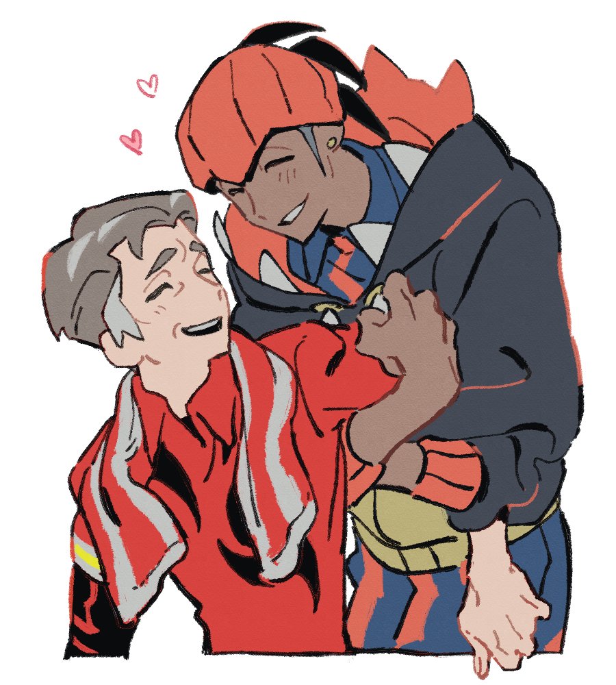 kabu (pokemon), raihan (pokemon), nintendo, pokemon, pokemon swsh, commentary, 2boys, armlock, black hair, blue pants, blue shirt, blush, closed eyes, collared shirt, cropped legs, cropped torso, dark-skinned male, dark skin, earrings, grey hair, haaa om007ls, headband, heart, hood, hood down, hoodie, jewelry, layered sleeves, long sleeves, male focus, mature male, multiple boys, orange headband, pants, parted hair, piercing, red shirt, shirt, short hair, short over long sleeves, short sleeves, simple background, smile, stud earrings, teeth, towel, towel around neck, upper teeth only, white background, wing collar, yaoi