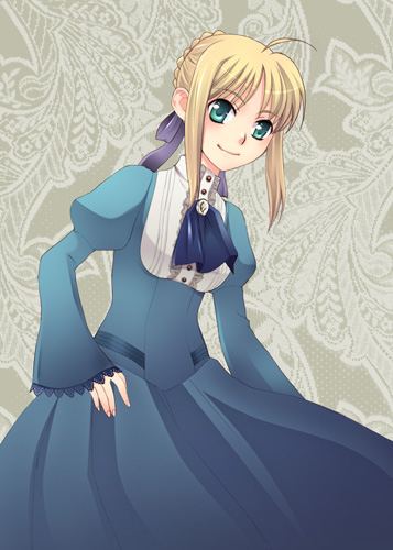 suzunoya, artoria pendragon (fate), saber (fate), fate/stay night, fate (series), lowres, 00s, 1girl, ahoge, alternate costume, blonde hair, dress, female focus, green eyes, smile, solo