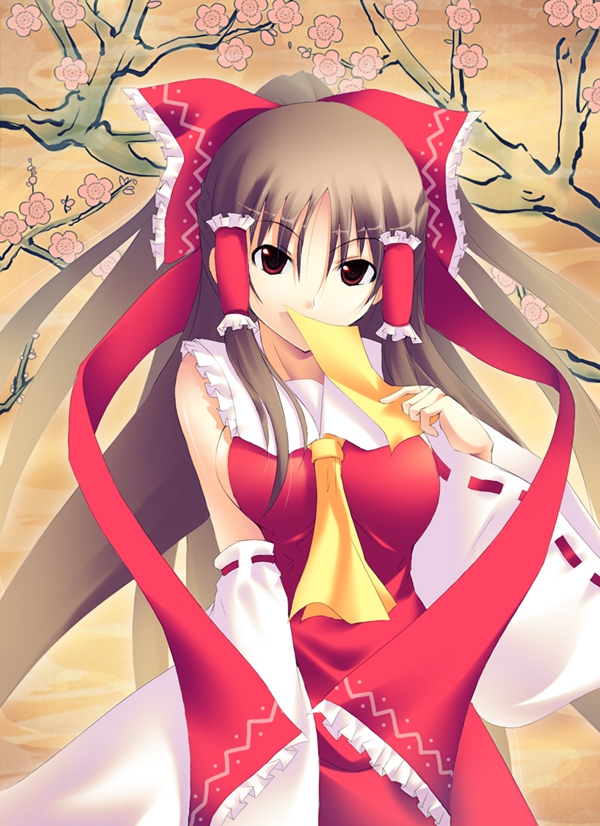 satofuji masato, hakurei reimu, touhou, 1girl, alternate hair length, alternate hairstyle, bow, breasts, brown hair, cherry blossoms, detached sleeves, female focus, flower, hair bow, long hair, looking at viewer, ofuda, red eyes, sidelocks, solo, very long hair