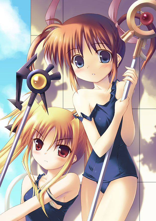 kouzuki hajime, bardiche (nanoha), fate testarossa, raising heart, takamachi nanoha, lyrical nanoha, mahou shoujo lyrical nanoha, mahou shoujo lyrical nanoha a's, 00s, 2girls, blonde hair, magazine (weapon), multiple girls, one-piece swimsuit, purple eyes, red eyes, red hair, school swimsuit, swimsuit, twintails