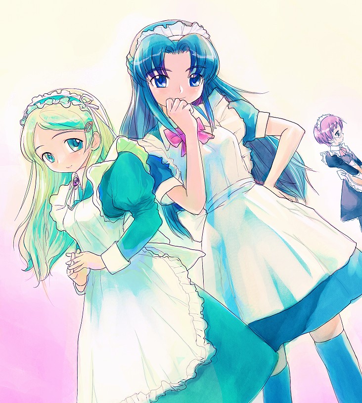 mekarauroko, asakura ryoko, kimidori emiri, nagato yuki, suzumiya haruhi no yuuutsu, black legwear, 00s, 3girls, blue eyes, blue hair, bow, bowtie, breasts, covering own mouth, frills, green eyes, green hair, hand on own hip, looking at viewer, maid, maid headdress, multiple girls, own hands together, pink hair, puffy short sleeves, puffy sleeves, red bow, red bowtie, short hair, short sleeves, standing, thighhighs, thinking, zettai ryouiki
