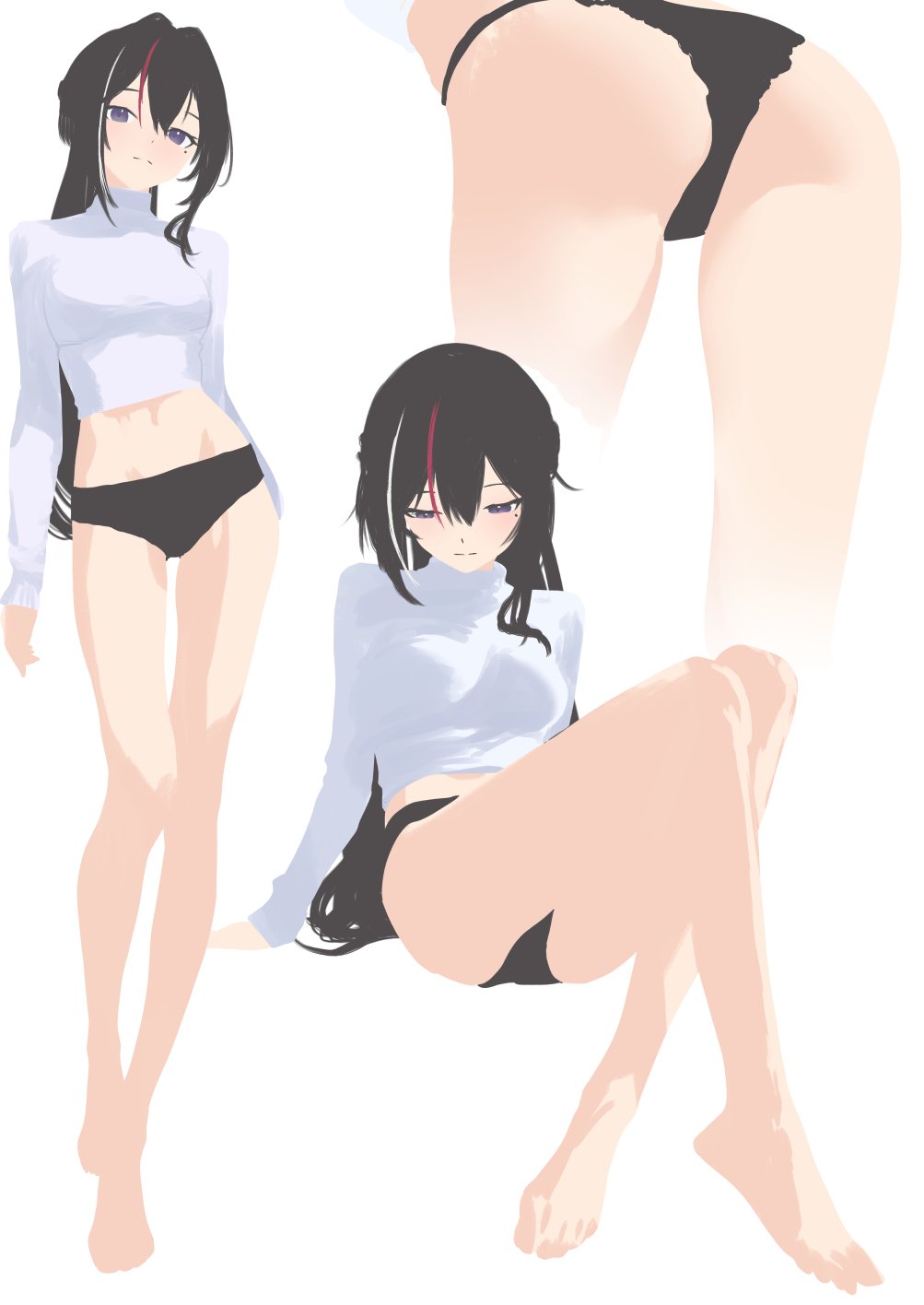 cohi27151463, azki (hololive), hololive, commentary, highres, 1girl, alternate costume, ass, bare legs, barefoot, black hair, black panties, breasts, closed mouth, cropped sweater, crossed legs, double-parted bangs, expressionless, feet, flat color, full body, long hair, long sleeves, looking at viewer, looking down, medium breasts, midriff, mole, mole under eye, multicolored hair, multiple views, no lineart, panties, purple eyes, red hair, simple background, sitting, standing, streaked hair, sweater, toes, turtleneck, turtleneck sweater, underwear, virtual youtuber, white background, white hair, white sweater