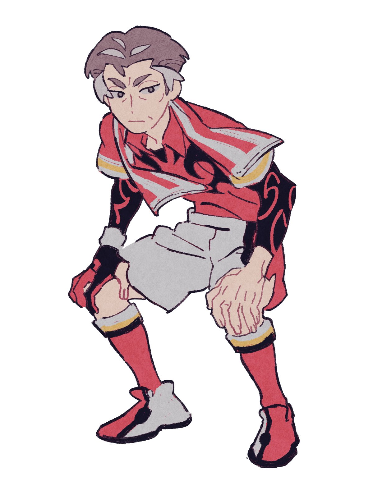 kabu (pokemon), nintendo, pokemon, pokemon swsh, commentary request, highres, korean commentary, 1boy, :|, black eyes, closed mouth, collared shirt, dot nose, fingernails, gloves, grey eyes, grey hair, haaa om007ls, hands on own knees, looking to the side, male focus, mature male, multicolored hair, open collar, partially fingerless gloves, red shirt, red socks, shirt, shoes, shorts, simple background, single glove, socks, solo, streaked hair, towel, towel around neck, white background, wing collar, wrinkled skin