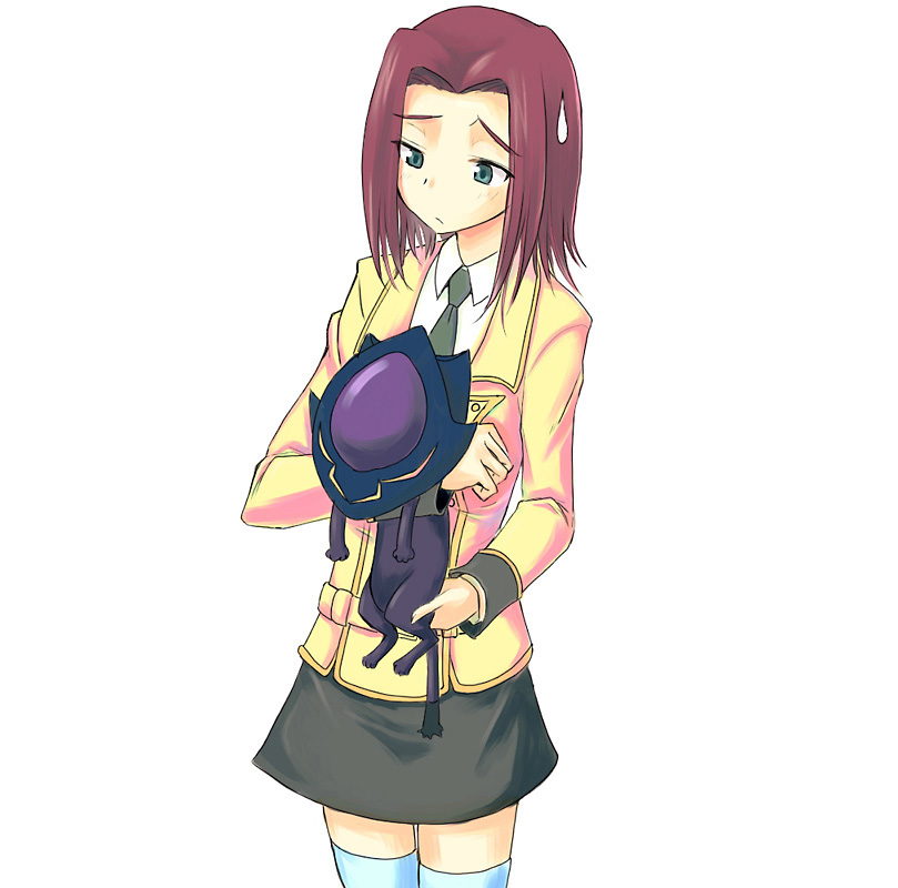 otsutama takashi, arthur, arthur (code geass), kouzuki kallen, code geass, 00s, 1girl, black skirt, brooch, cowboy shot, female focus, gem, green eyes, green necktie, jewelry, long sleeves, necktie, red hair, school uniform, serafuku, short hair, skirt, solo, standing, thighhighs, white thighhighs, zettai ryouiki