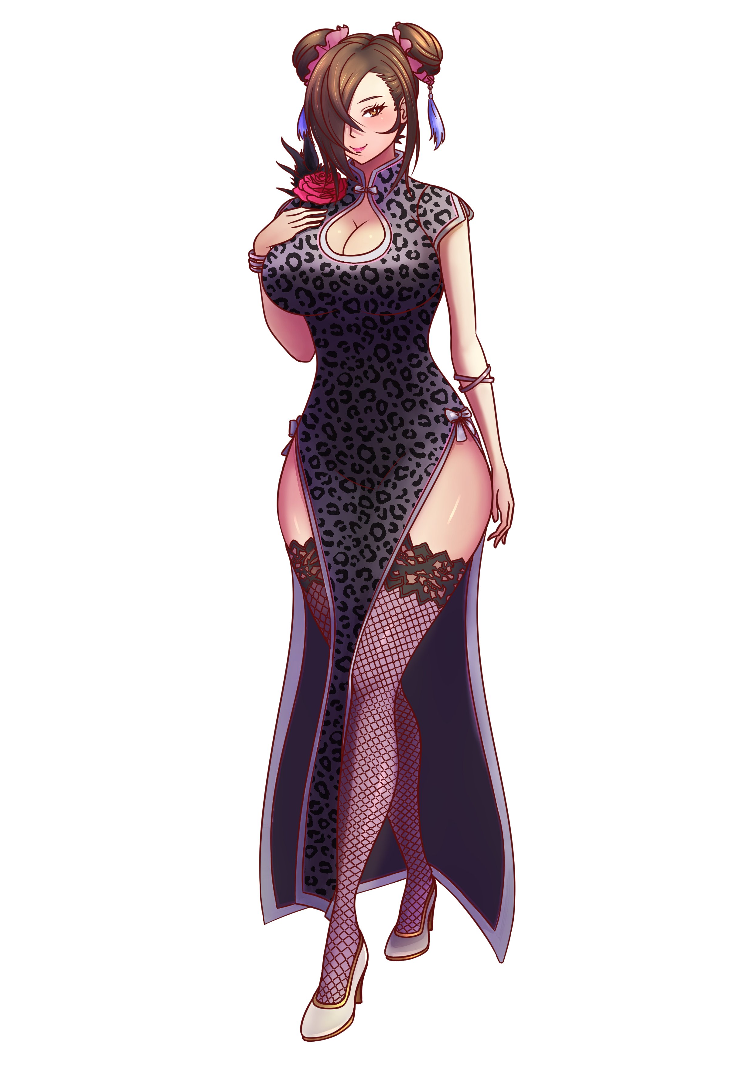 will (willanator93), kagero (fire emblem), fire emblem, fire emblem fates, nintendo, absurdres, highres, 1girl, alternate costume, alternate hairstyle, black dress, black thighhighs, blush, breasts, brown eyes, brown hair, china dress, chinese clothes, cleavage, cleavage cutout, closed mouth, clothing cutout, double bun, dress, fishnet thighhighs, fishnets, flower, full body, hair bun, hair ornament, hair over one eye, hair tie, high heels, large breasts, long hair, looking at viewer, pelvic curtain, short hair, short sleeves, side slit, simple background, smile, solo, tassel, tassel hair ornament, thighhighs, thighs, white background