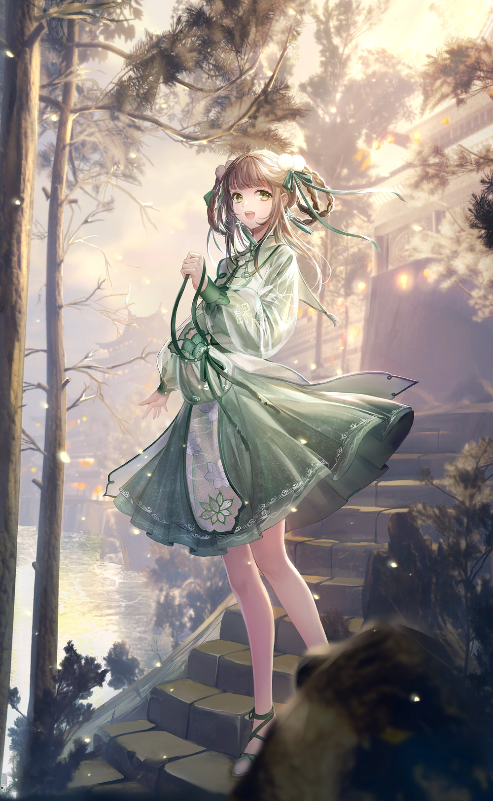 nikki (series), shining nikki, artist request, game cg, highres, official art, 1girl, architecture, bag, bag ribbon, bare legs, braid, braided hair rings, brown hair, chi xiaoyu, chinese clothes, cloud, cloudy sky, collared shirt, dot nose, east asian architecture, eyelashes, floating clothes, floral print, frilled sleeves, frills, full body, green bag, green eyes, green ribbon, green shirt, green shoes, green skirt, hair ornament, hair ribbon, hair rings, handbag, happy, holding, holding bag, knees, lake, light particles, long hair, long sleeves, looking at viewer, lotus and rain (shining nikki), mandarin collar, medium skirt, open mouth, outdoors, pleated skirt, pom pom (clothes), pom pom hair ornament, puffy long sleeves, puffy sleeves, ribbon, rock, shirt, shoes, sidelocks, skirt, sky, smile, solo, stairs, standing, sunlight, sunrise, tabard, tangzhuang, tareme, teeth, temple, town, tree, upper teeth only, white tabard, wind