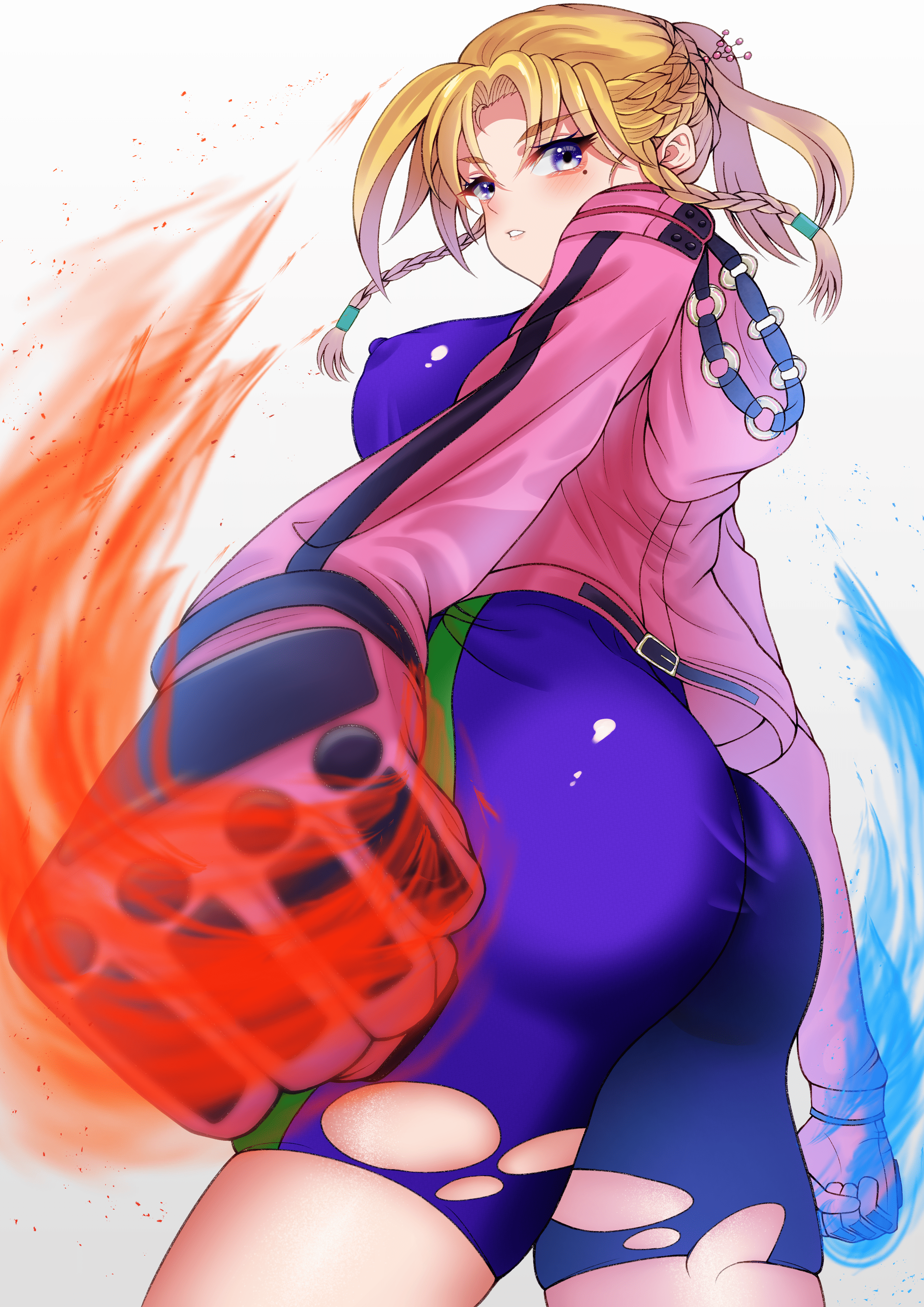 tsubaki isami hana, fuurinji miu, shijou saikyou no deshi ken'ichi, absurdres, commentary request, highres, 1girl, ass, bodysuit, braid, breasts, clenched hands, covered erect nipples, cropped jacket, curtained hair, flaming hand, floating hair, from side, gloves, gradient background, grey background, hair ornament, hair tubes, hood, hood down, jacket, large breasts, long sleeves, looking at viewer, mole, mole under eye, parted lips, pink gloves, pink jacket, ponytail, skin tight, solo, thighs, torn clothes, white background