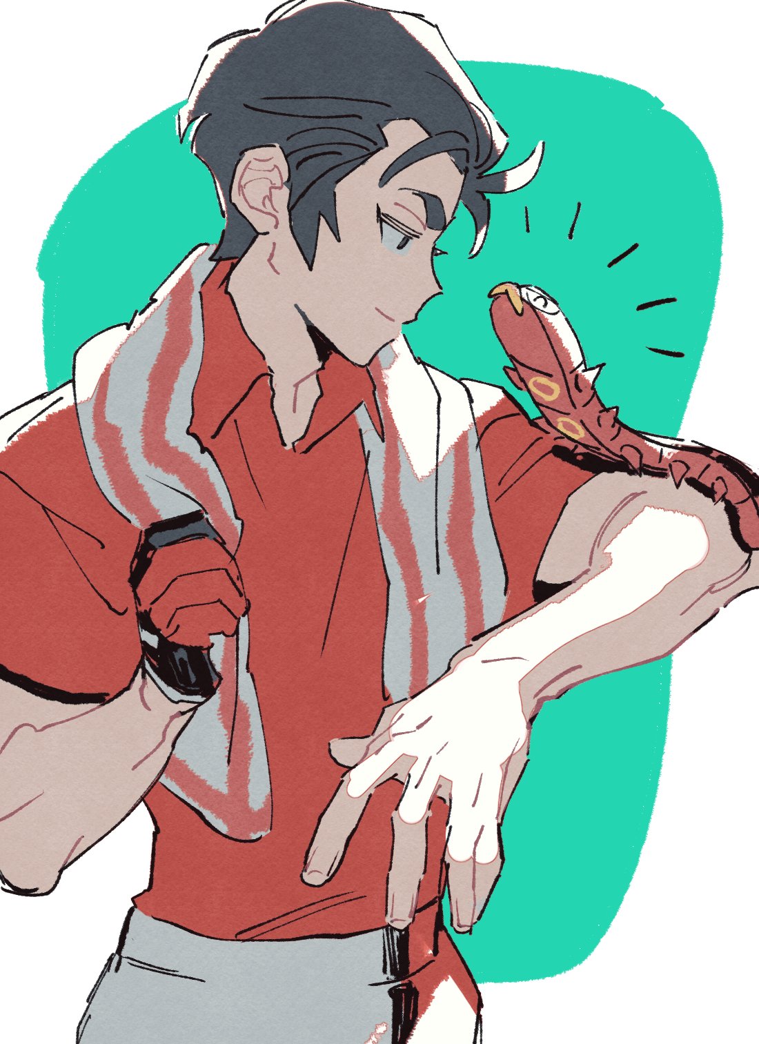 kabu (pokemon), sizzlipede, nintendo, pokemon, pokemon swsh, commentary request, highres, korean commentary, 1boy, ^ ^, adam's apple, aged down, black eyes, closed eyes, closed mouth, collared shirt, cowboy shot, gen 8 pokemon, gloves, grey hair, haaa om007ls, looking at another, male focus, open collar, pokemon on arm, red shirt, shirt, shirt tucked in, short sleeves, sideburns, single glove, smile, towel, towel around neck, wing collar