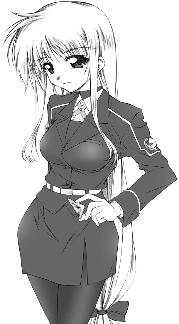 yamaguchi homupe, bardiche (nanoha), bardiche (standby form) (nanoha), fate testarossa, lyrical nanoha, mahou shoujo lyrical nanoha, mahou shoujo lyrical nanoha strikers, 00s, 1girl, female focus, greyscale, long hair, low-tied long hair, monochrome, pantyhose, solo, very long hair