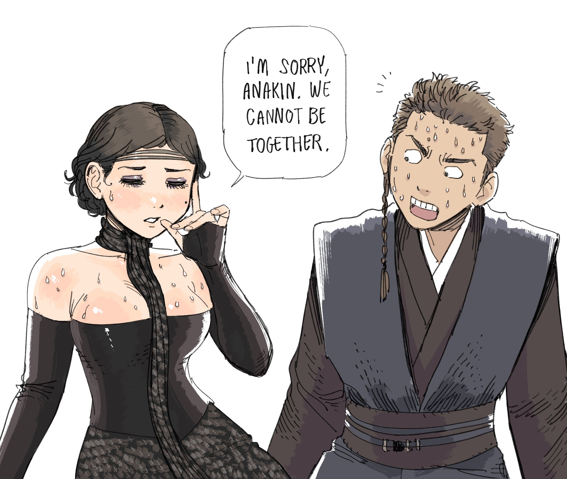 heidi (heytherenrds), anakin skywalker, padme amidala, star wars, star wars: attack of the clones, commentary, highres, 1boy, 1girl, bare shoulders, black hair, breasts, brown hair, brown tunic, closed eyes, detached sleeves, dress, english text, eyelashes, eyeshadow, jedi, long sleeves, looking at another, makeup, medium breasts, mole, mole on cheek, off-shoulder dress, off shoulder, parted lips, purple eyeshadow, short hair, simple background, speech bubble, sweat, tunic, upper body, white background