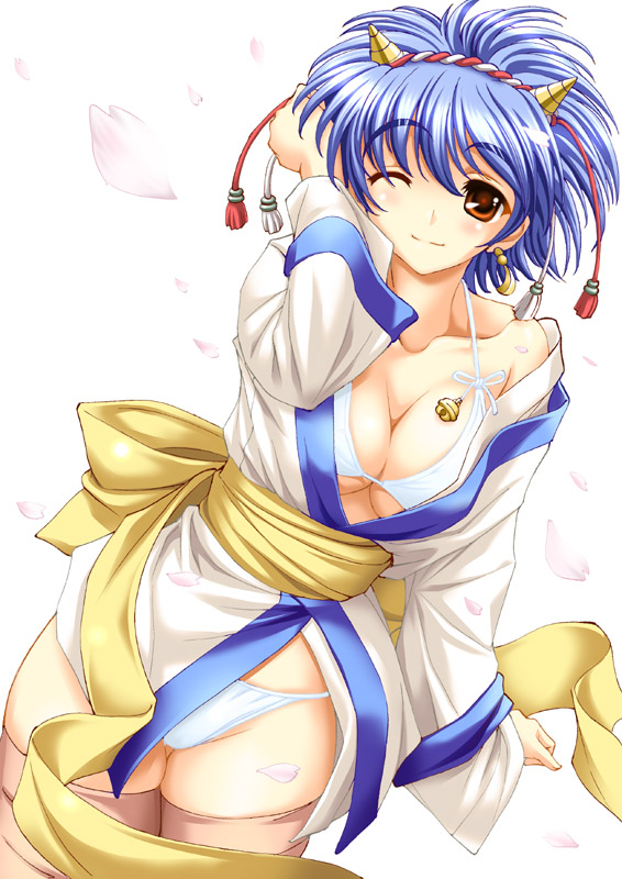 shiruko (inosin), 1girl, bell, blue hair, blue oni, bra, breasts, brown hair, demon girl, female focus, japanese clothes, large breasts, lingerie, one eye closed, oni, orange eyes, panties, petals, short hair, solo, underwear, wink