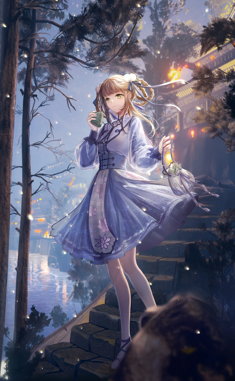 duffy, nikki (series), shining nikki, artist request, food request, game cg, highres, official art, 1girl, above-cleavage cutout, ankle ribbon, architecture, bag, bag ribbon, bare legs, blue corset, blue ribbon, blue shirt, blue shoes, blue skirt, blue sky, blunt bangs, braid, braided hair rings, brown hair, chi xiaoyu, chinese clothes, closed mouth, clothing cutout, collared shirt, corset, dot nose, east asian architecture, eyelashes, floating clothes, flower cutout, food, frilled sleeves, frills, full body, green eyes, hair ornament, hair ribbon, hair rings, happy, high heels, holding, holding bag, holding food, lake, leg ribbon, light particles, long hair, looking ahead, lotus and rain (shining nikki), mandarin collar, medium skirt, night, official alternate color, outdoors, pleated skirt, pom pom (clothes), pom pom hair ornament, purple ribbon, ribbon, rock, shirt, shoes, skirt, sky, smile, solo, stairs, standing, tangzhuang, tareme, temple, town, tree, white bag, wind