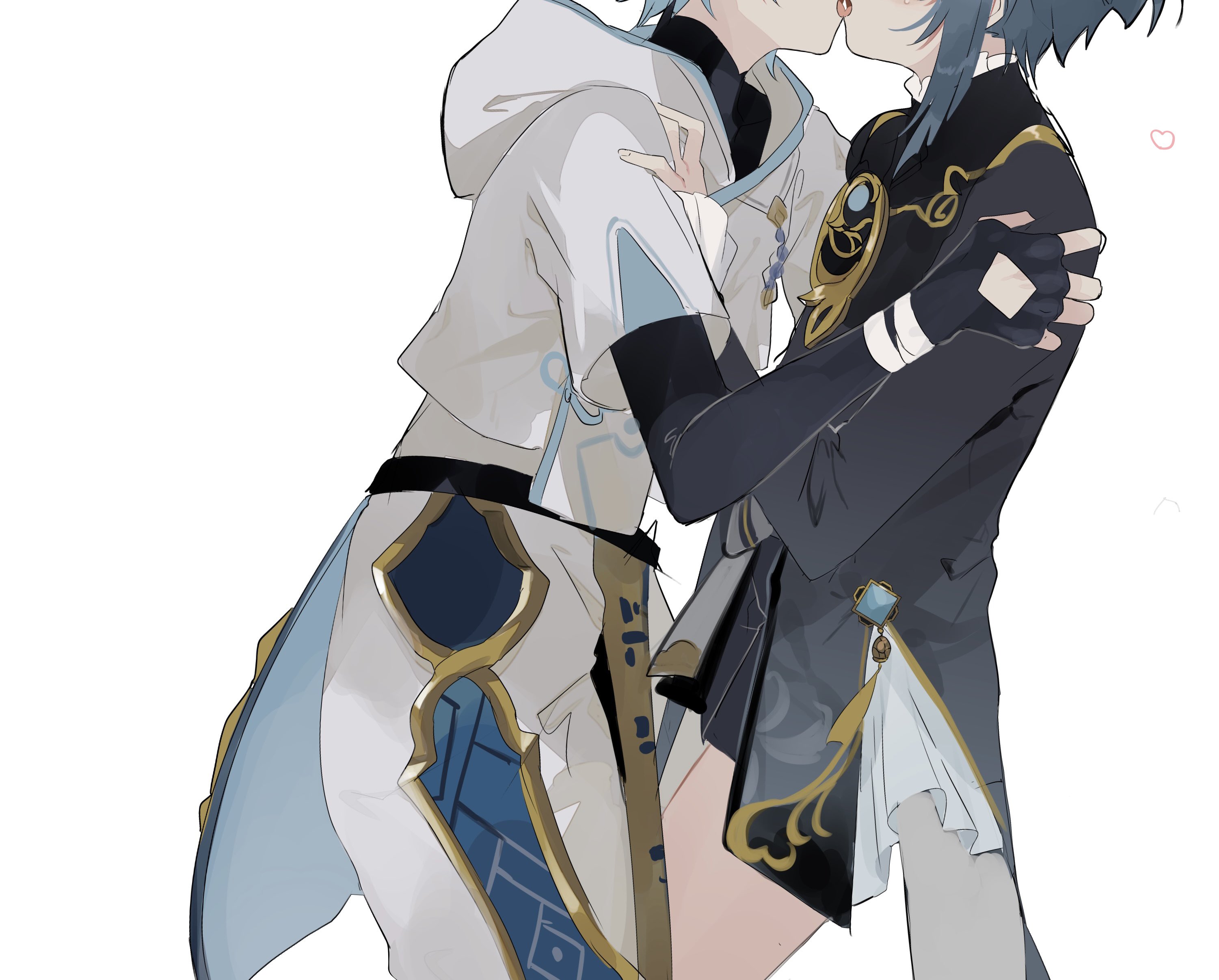 yoko (nz g), chongyun (genshin impact), xingqiu (genshin impact), genshin impact, absurdres, commentary request, highres, 2boys, black bodysuit, black jacket, black shorts, blue hair, bodysuit, chinese clothes, cowboy shot, facing another, french kiss, hand on another's shoulder, head out of frame, heart, high collar, hood, hoodie, jacket, kiss, multiple boys, open mouth, pants, short hair, short shorts, short sleeves, shorts, sidelocks, simple background, tongue, vision (genshin impact), white background, white hoodie, white pants, yaoi