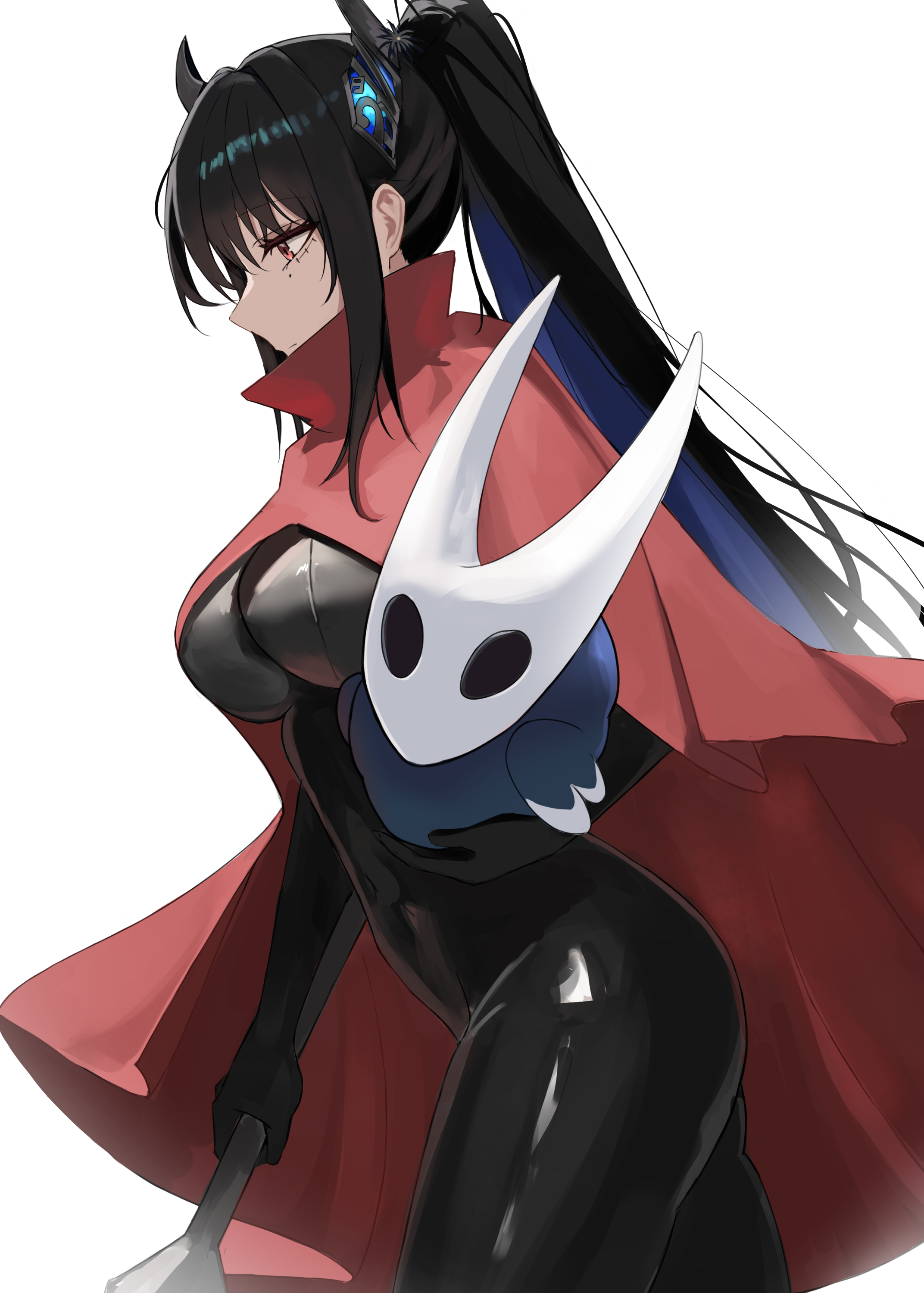 canvas sensei, hornet (hollow knight), jailbird (nerissa ravencroft), nerissa ravencroft, hololive, hololive english, absurdres, highres, 1girl, alternate hairstyle, asymmetrical horns, black bodysuit, black hair, blue hair, bodysuit, breasts, cape, cloak, colored inner hair, cosplay, demon horns, holding, holding weapon, hornet (hollow knight) (cosplay), horns, large breasts, long hair, mask, mask on head, mole, mole under eye, multicolored hair, needle (hollow knight), ponytail, red cape, red cloak, red eyes, two-tone hair, uneven horns, virtual youtuber, weapon