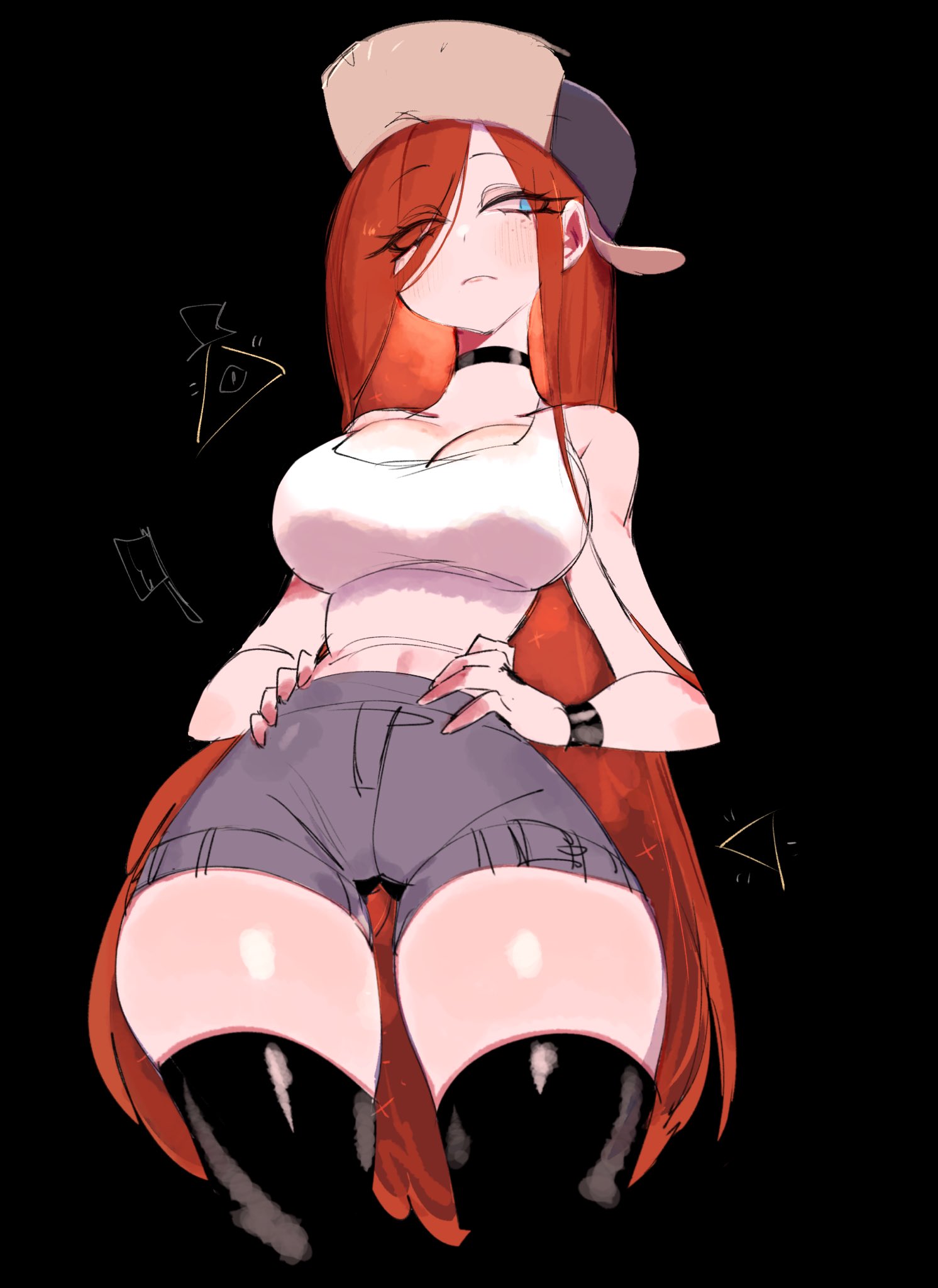usa37107692, wendy corduroy, gravity falls, highres, 1girl, armlet, black armlet, black background, black choker, black thighhighs, blue eyes, breasts, choker, cleavage, denim, denim shorts, dot nose, eyelashes, eyes visible through hair, grey shorts, hair over face, hands on own hips, hat, jewelry, large breasts, long hair, looking to the side, midriff, narrow waist, narrowed eyes, navel, red hair, shorts, simple background, skindentation, sleeveless, solo, standing, straight hair, tank top, thick thighs, thighhighs, thighs, ushanka, very long hair, white tank top