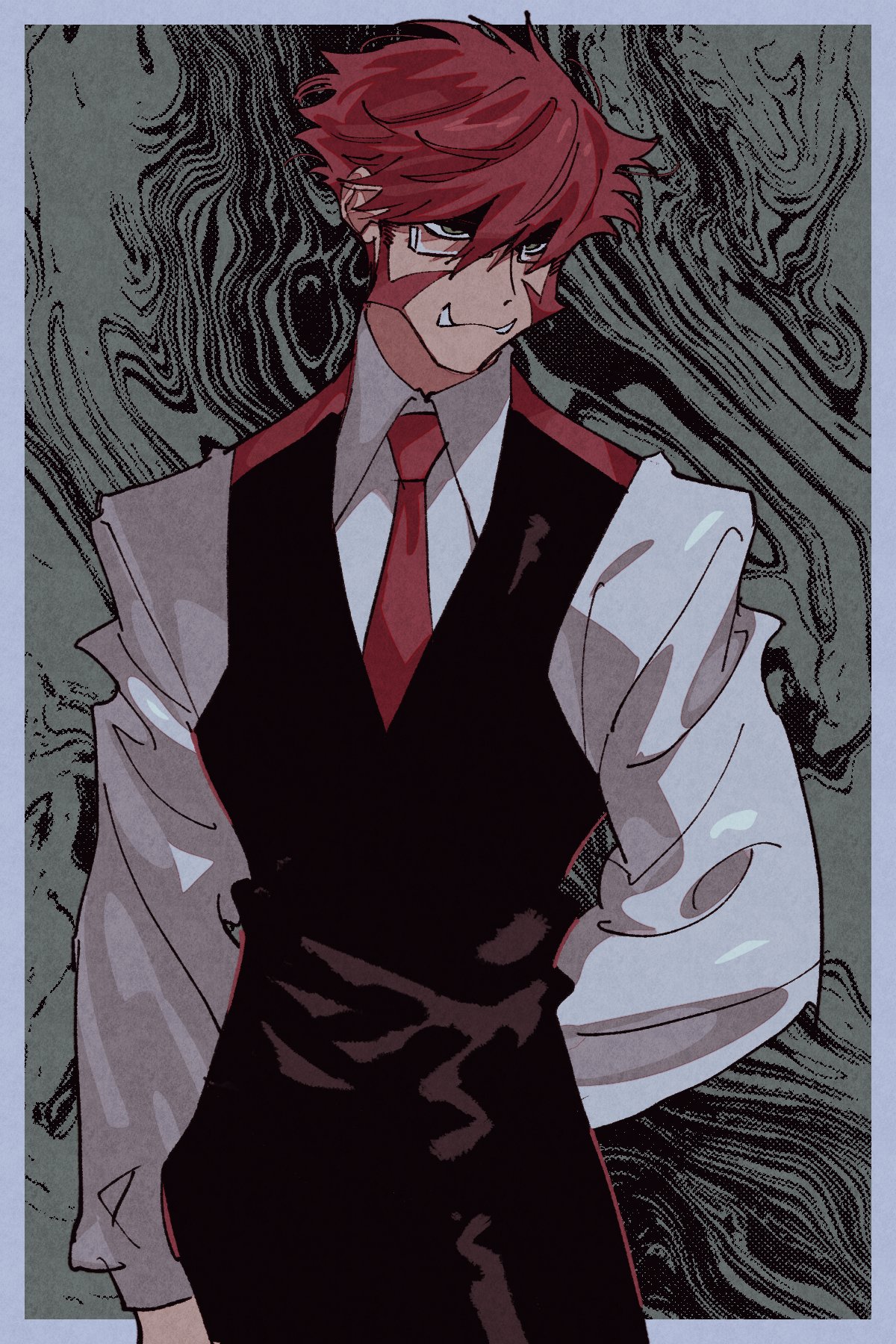 klaus von reinhertz, kekkai sensen, commentary request, highres, korean commentary, 1boy, black pants, black vest, border, closed mouth, collared shirt, cowboy shot, facial hair, glasses, grey border, grey eyes, haaa om007ls, hair between eyes, long sleeves, looking ahead, male focus, mutton chops, necktie, outside border, pants, rectangular eyewear, red hair, red necktie, shirt, short hair, solo, standing, teeth, tusks, vest, white shirt, wing collar