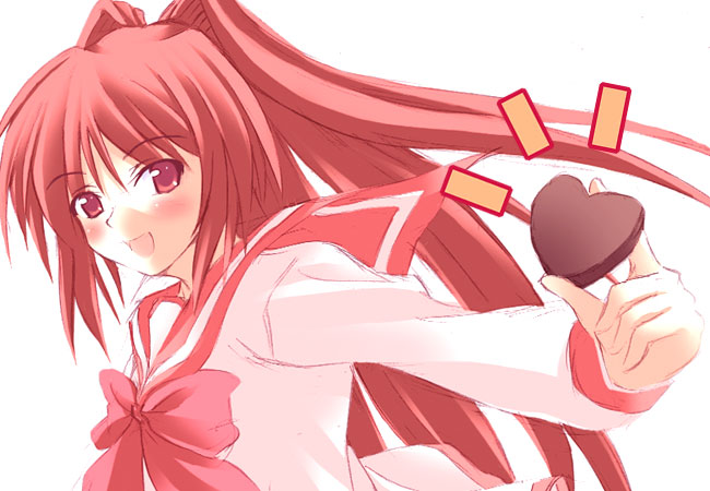 fuyuwa kotatsu, kousaka tamaki, to heart (series), to heart 2, 00s, 1girl, candy, chocolate, chocolate heart, female focus, food, heart, long hair, looking at viewer, no pupils, open mouth, school uniform, serafuku, simple background, solo, upper body, white background