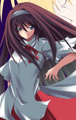 fuyuwa kotatsu, tohno akiha, tsukihime, lowres, 00s, 1girl, black hair, blue eyes, bow, female focus, hairband, long hair, long skirt, skirt, solo