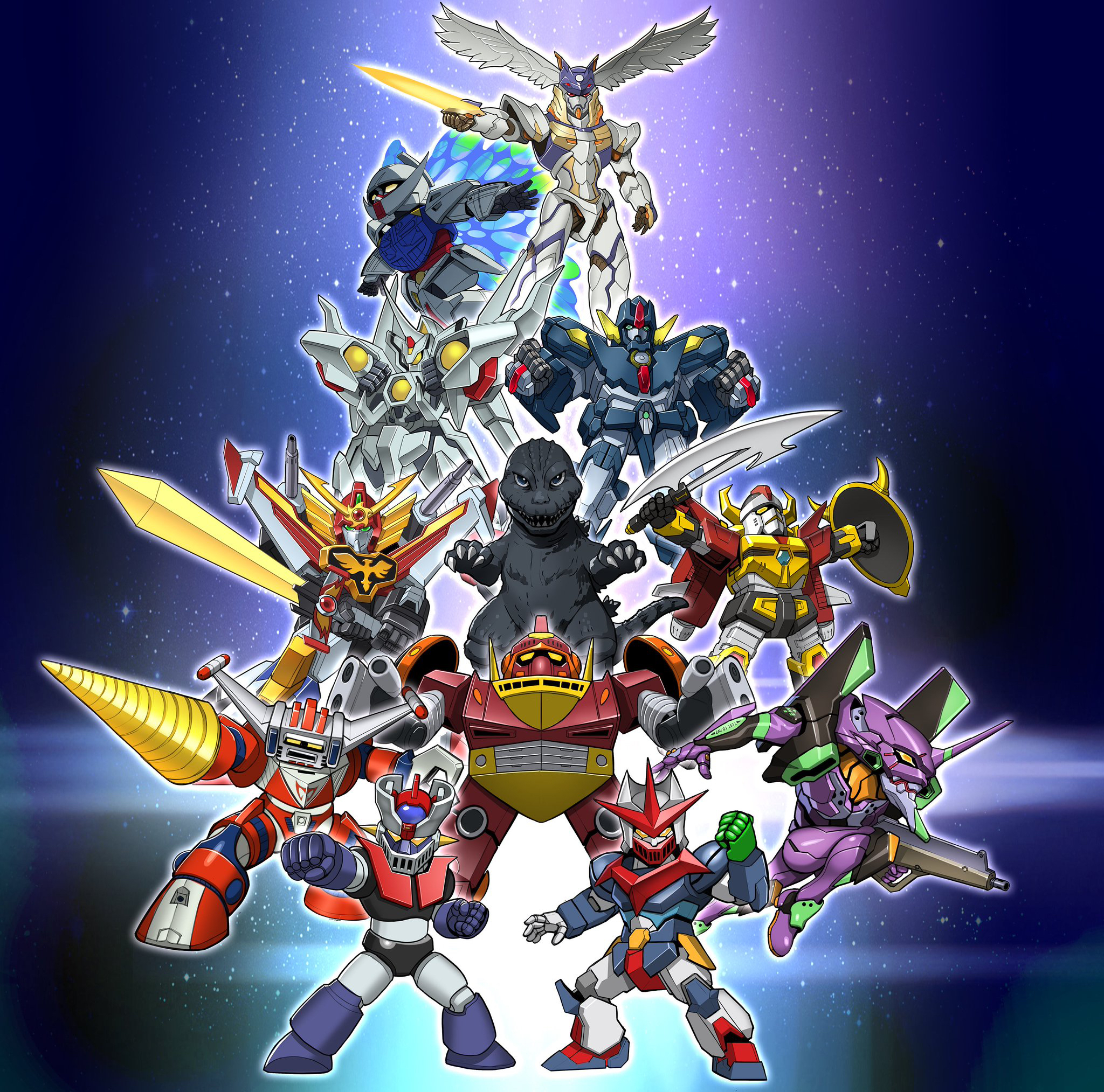 kadej, arm slave (mecha), eva 01, fighbird, godzilla, mazinger z (mecha), rahxephon (mecha), turn a gundam (mobile suit), zeorymer, godzilla (series), gundam, hades project zeorymer, kannazuki no miko, mazinger (series), mazinger z, neon genesis evangelion, rahxephon, super robot wars, the return of godzilla, turn a gundam, character request, highres, mecha request, clenched hands, crossover, evangelion (mecha), giant, giant monster, holding, holding weapon, horns, jaw, kaiju, long tail, looking at viewer, mecha, mecha focus, mobile suit, monster, moonlight butterfly (gundam), multiple crossover, no humans, open mouth, pilder, robot, science fiction, sharp teeth, single horn, spines, srw cover, super robot, sword, tail, take no yamikazuchi, teeth, v-fin, weapon, wings, yellow eyes