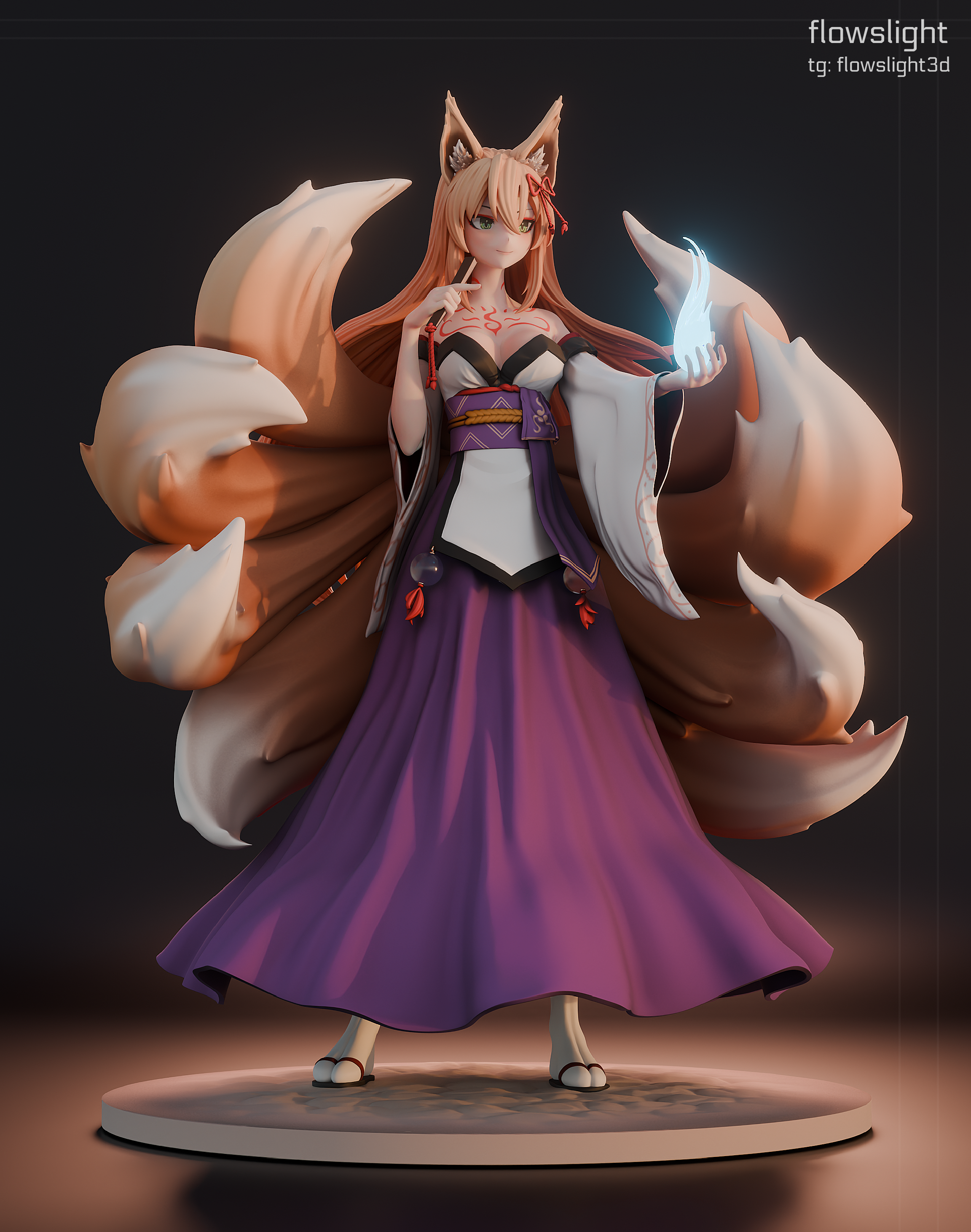 tamamo (mon-musu quest!), mon-musu quest!, absurdres, highres, non-web source, photo (medium), 1girl, 3d, aged up, animal ear fluff, animal ears, artist name, bare shoulders, blonde hair, blue fire, breasts, chest tattoo, cleavage, closed mouth, collarbone, eyeshadow, figure, figure (medium), fire, folding fan, fox ears, fox girl, fox tail, full body, glowing, green eyes, hair between eyes, hair ornament, hair ribbon, hakama, hakama skirt, hand fan, hitodama, japanese clothes, kimono, kitsune, long hair, long sleeves, looking ahead, magic, makeup, medium breasts, monster girl, multiple tails, neck tattoo, purple hakama, red eyeshadow, red ribbon, ribbon, sandals, skirt, smile, socks, solo, standing, tail, tamamo (true form) (mon-musu quest!), tattoo, tomoe (symbol), white kimono, white socks, wide sleeves