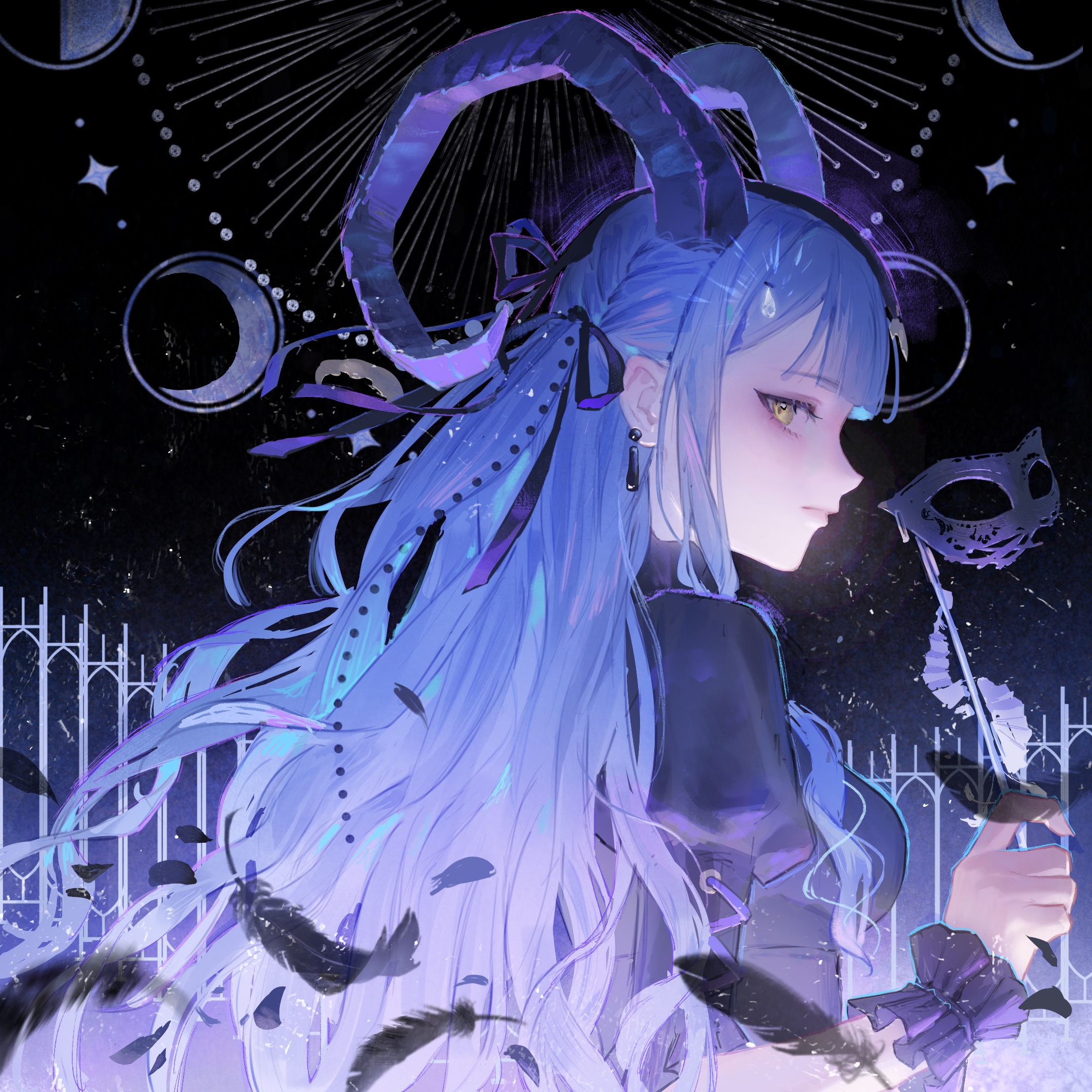 crf, togawa sakiko, togawa sakiko (master of melodia), arknights, bang dream!, bang dream! it's mygo!!!!!, highres, 1girl, black background, black horns, black ribbon, blue hair, blunt bangs, closed mouth, curled horns, earrings, feathers, from behind, hair ribbon, holding, holding mask, horns, jewelry, long hair, looking at viewer, looking back, mask, profile, puffy short sleeves, puffy sleeves, ribbon, short sleeves, sidelocks, solo, star (sky), two side up, upper body, wavy hair, wrist cuffs, yellow eyes